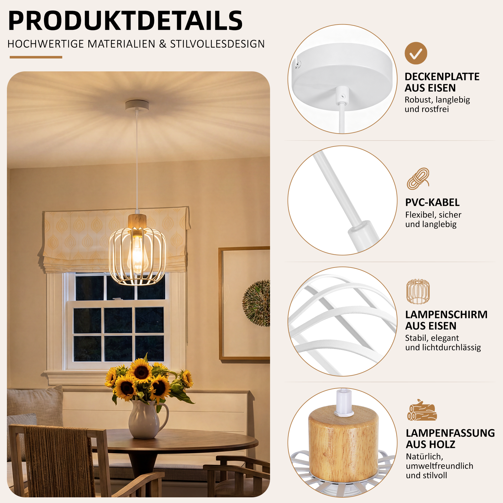 Produktdetails einer Pendelleuchte mit Eisenplatte, PVC-Kabel, Eisen-Lampenschirm und Holzfassung.
