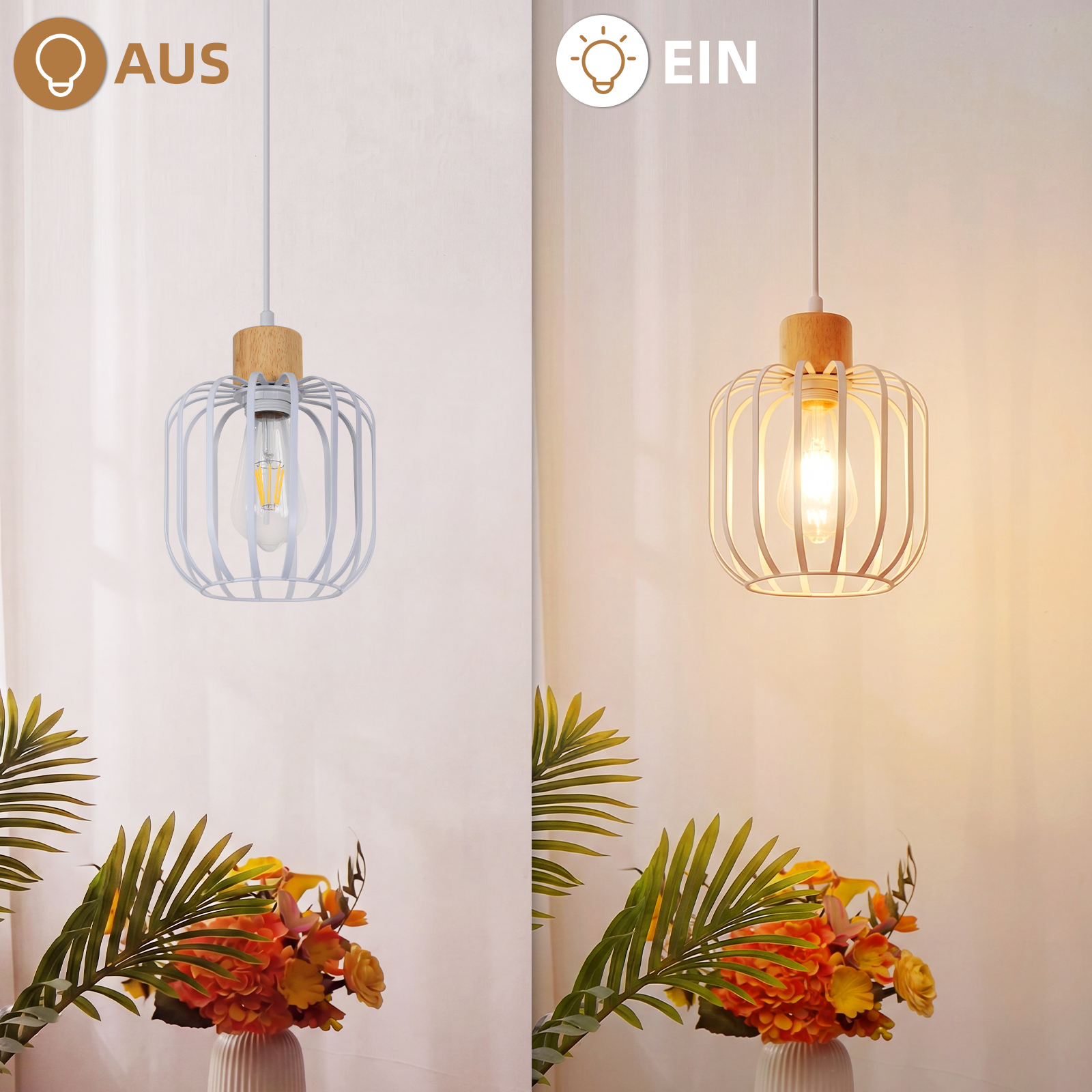 Vergleich zweier Hängeleuchten mit weißem Metallkorb und Holz, links ausgeschaltet, rechts eingeschaltet mit Blumen.