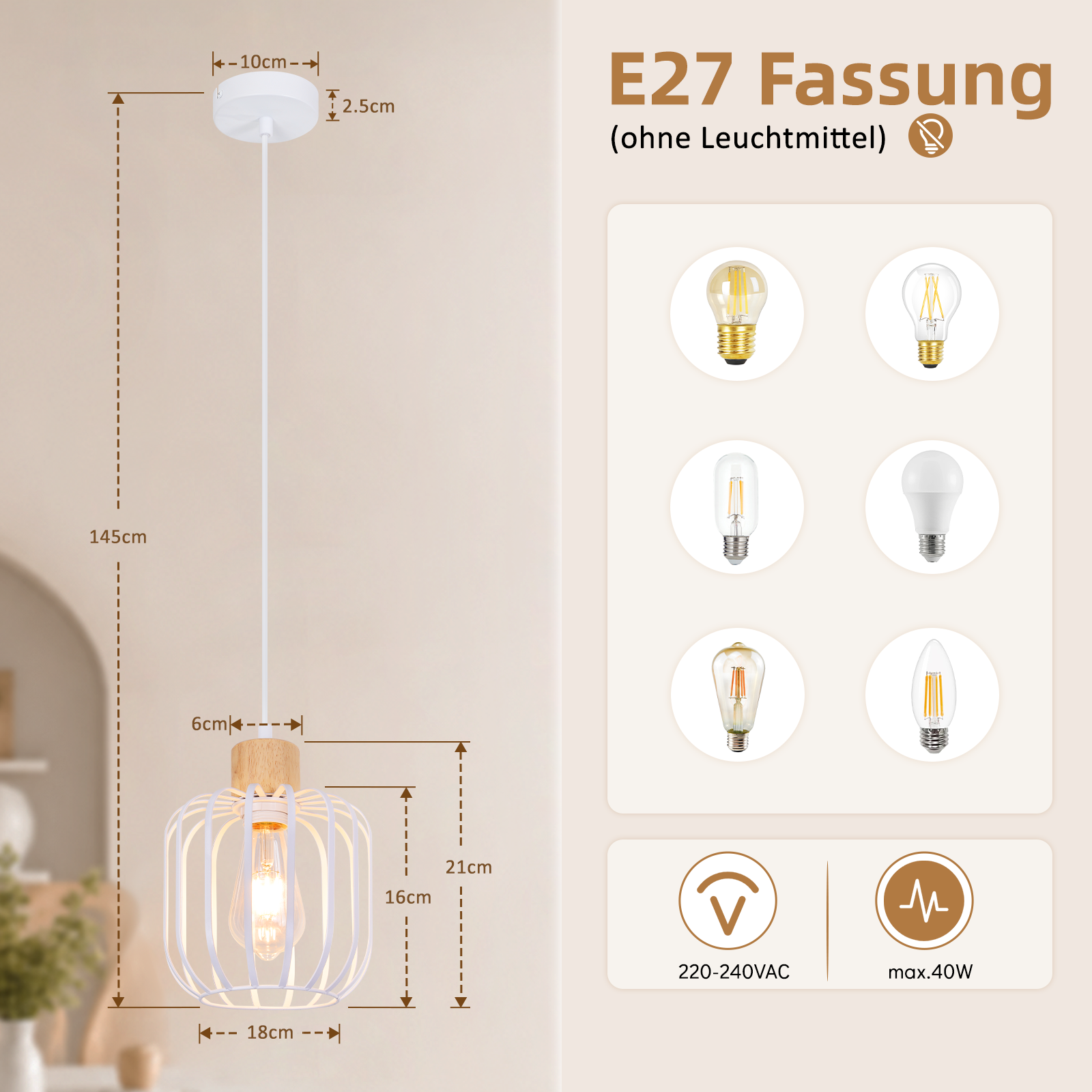 Technische Zeichnung und Maße einer weißen Pendelleuchte mit Holzakzent und E27-Fassung.
