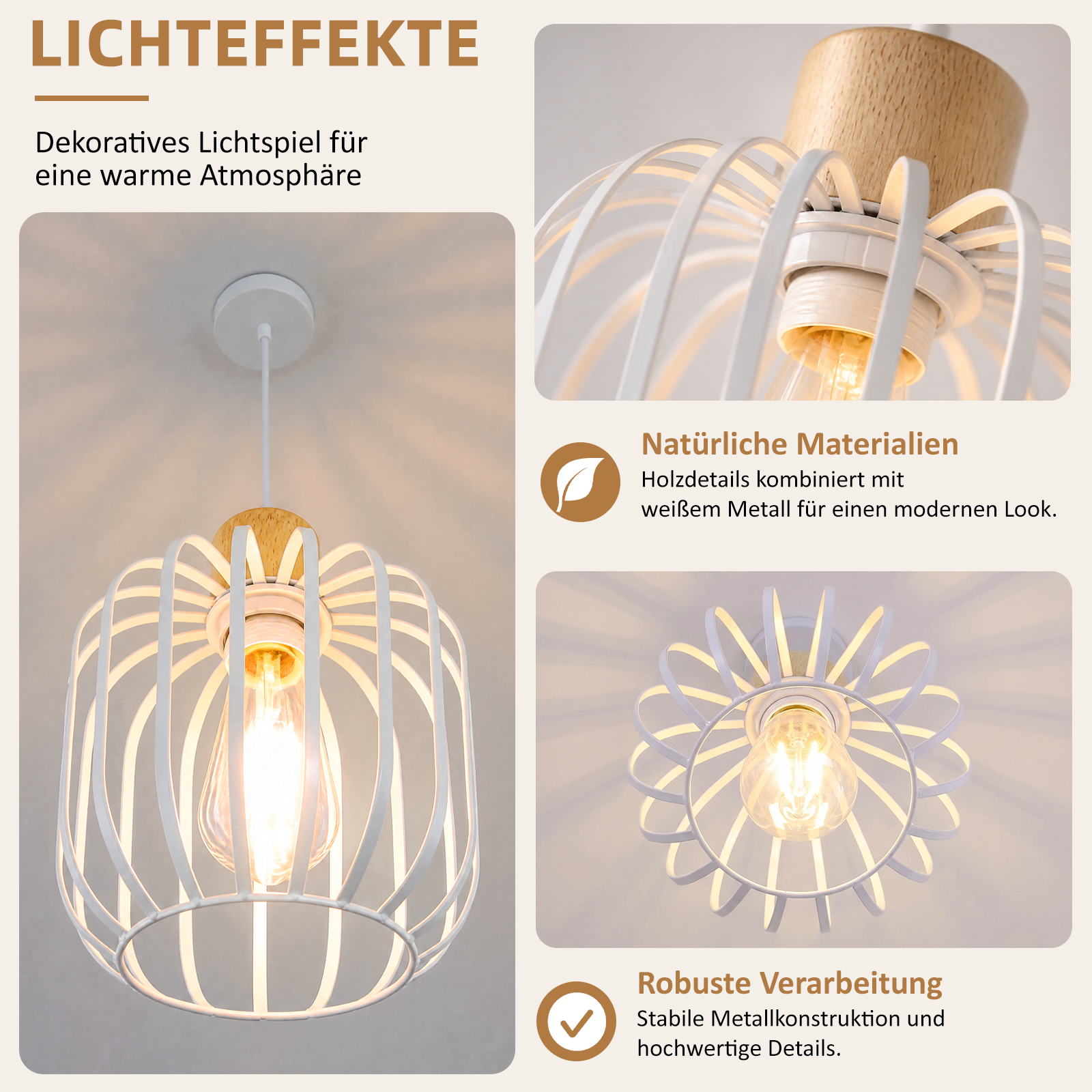 Moderne Hängelampe mit weißem Metallkorb und Holzdetails, die ein warmes Licht wirft.