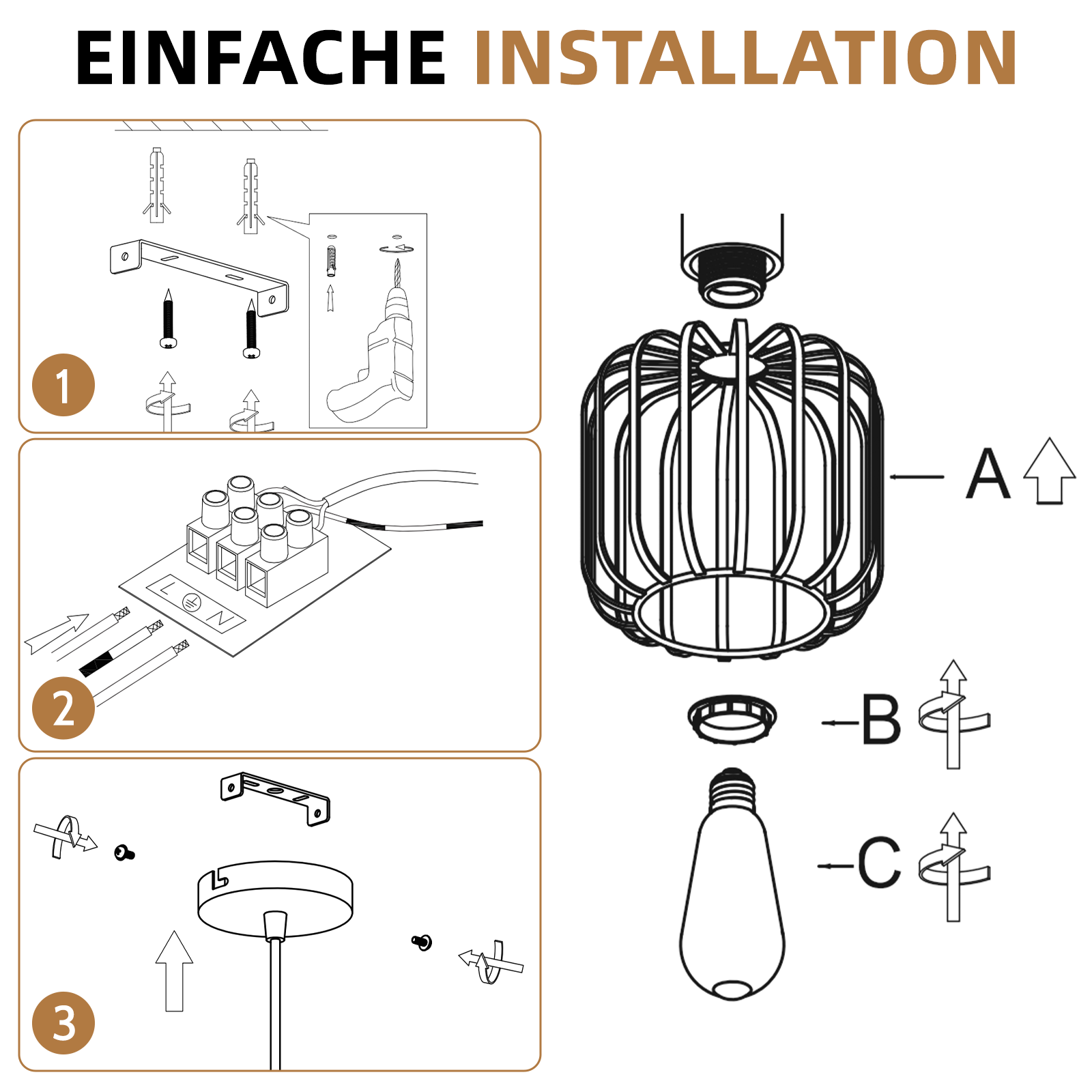 Schwarz-Weiß-Illustrierte Schritt-für-Schritt-Anleitung zur Installation einer modernen Deckenleuchte.