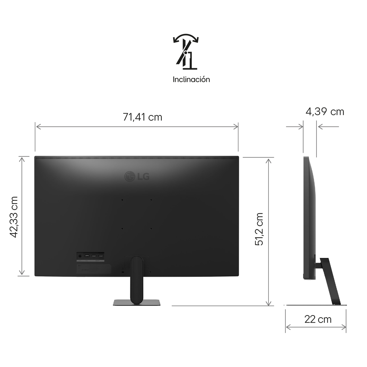Disegno tecnico di un monitor con dimensioni e icona di inclinazione.