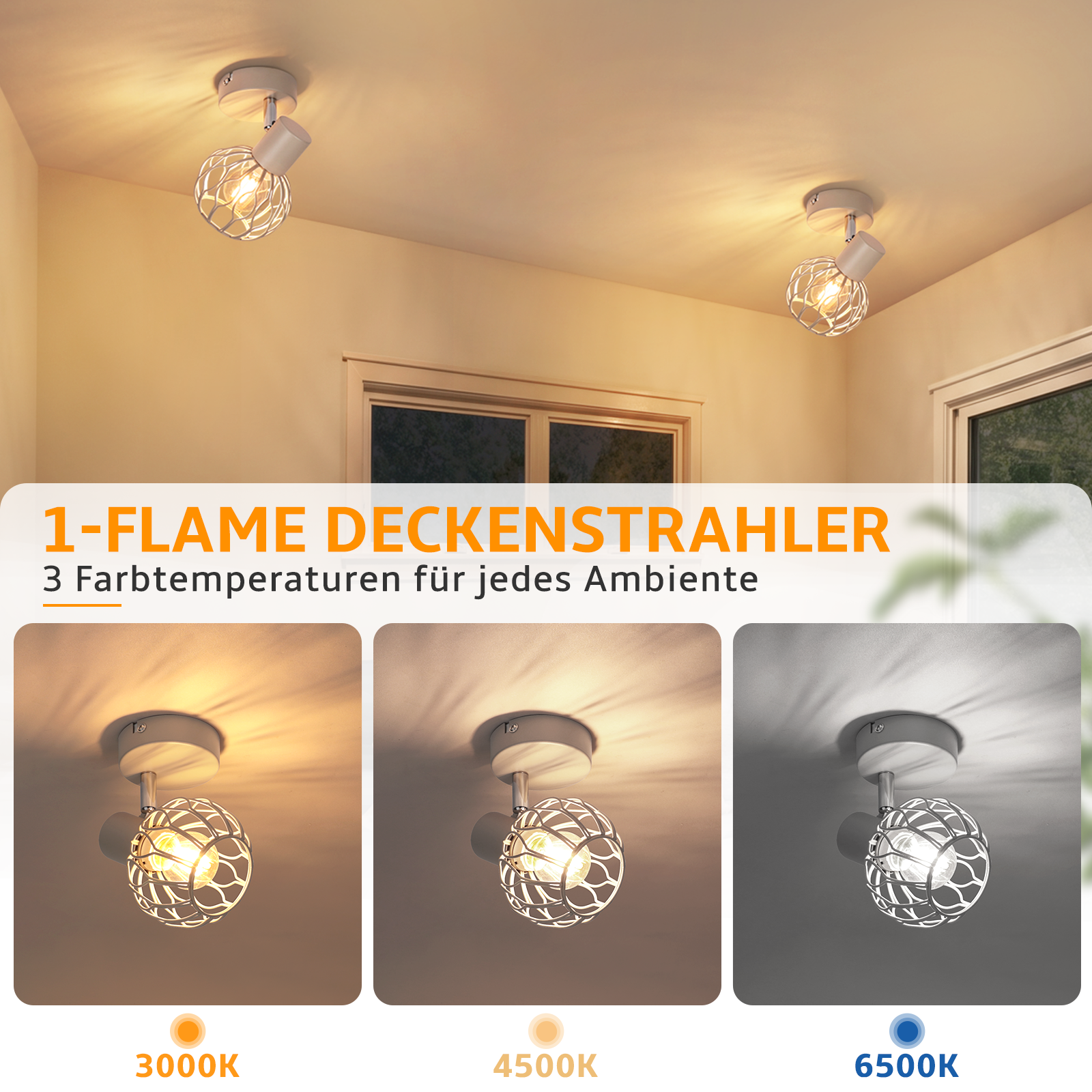 Un foco de techo de 1 luz con pantalla de malla muestra tres temperaturas de color: 3000K, 4500K y 6500K.