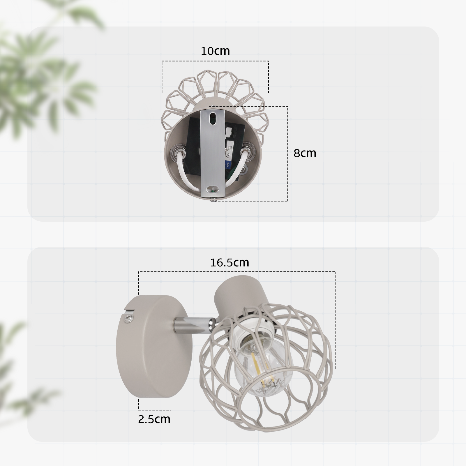 Diagrama de un aplique de pared gris con dimensiones de 10cm, 8cm, 16.5cm y 2.5cm.