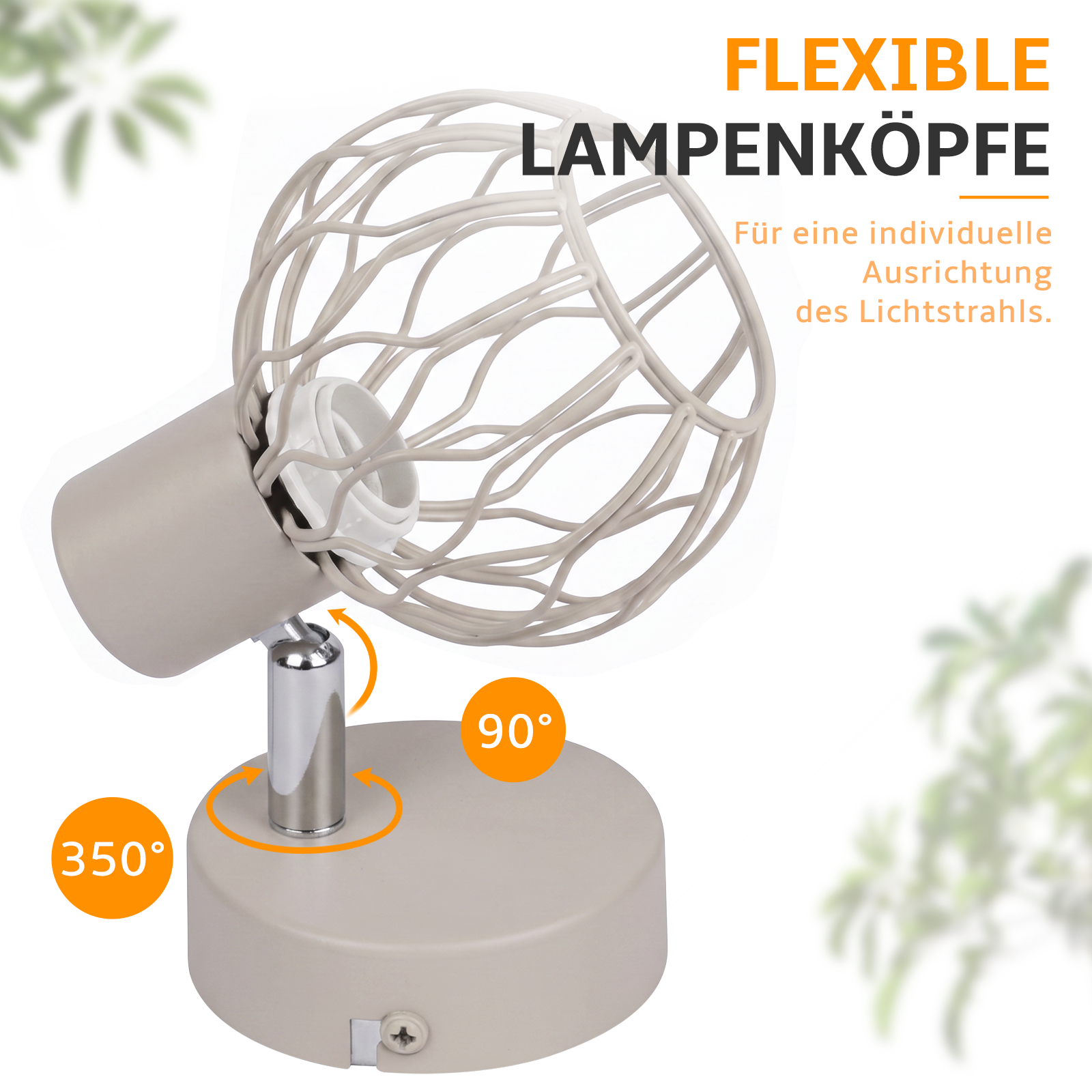 Una lámpara de techo beis con pantalla de alambre esférica flexible sobre base redonda.