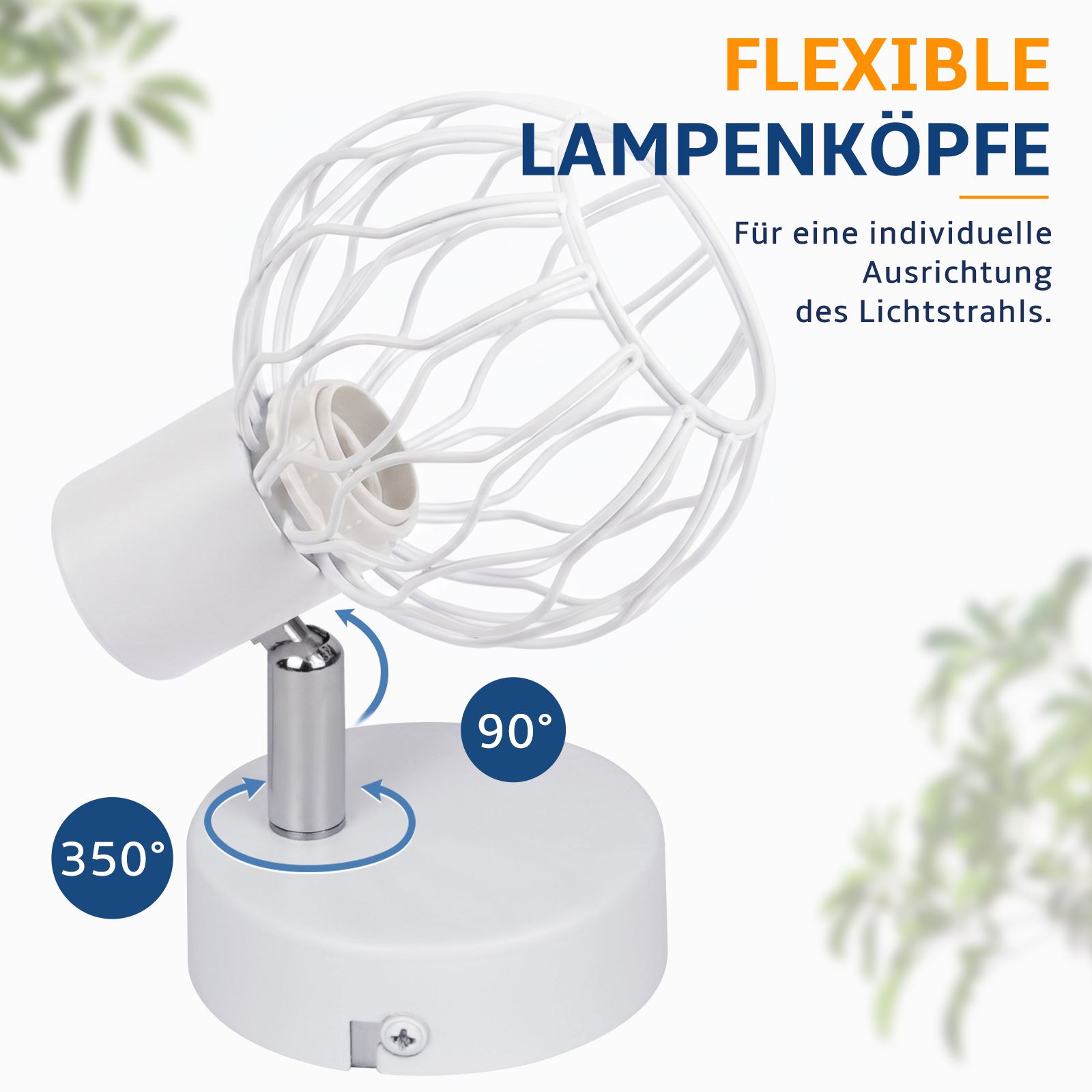Lámpara de pared blanca con cabezal ajustable, con giros de 350 grados y 90 grados de inclinación.