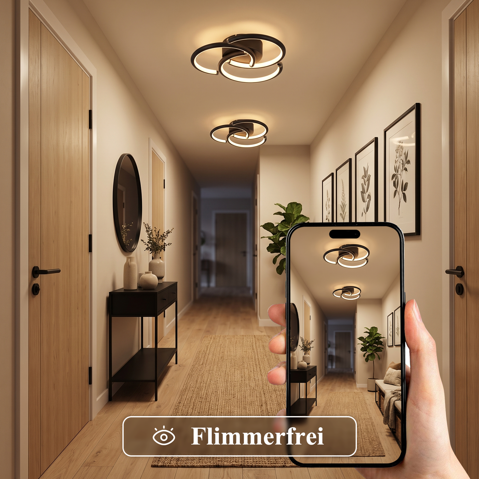 Una mano sostiene un teléfono que muestra un pasillo iluminado con lámparas modernas.