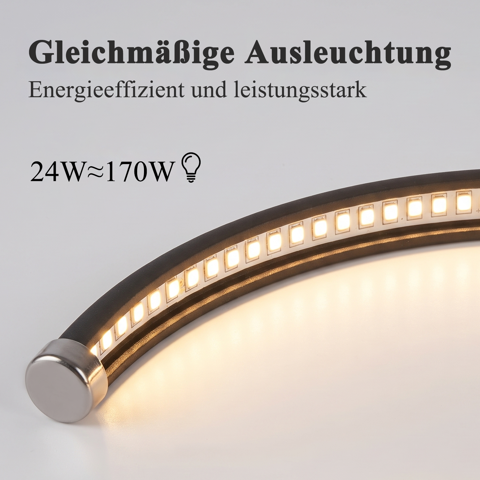 Tira de luz LED curva con diodos de brillo blanco cálido y texto superpuesto.