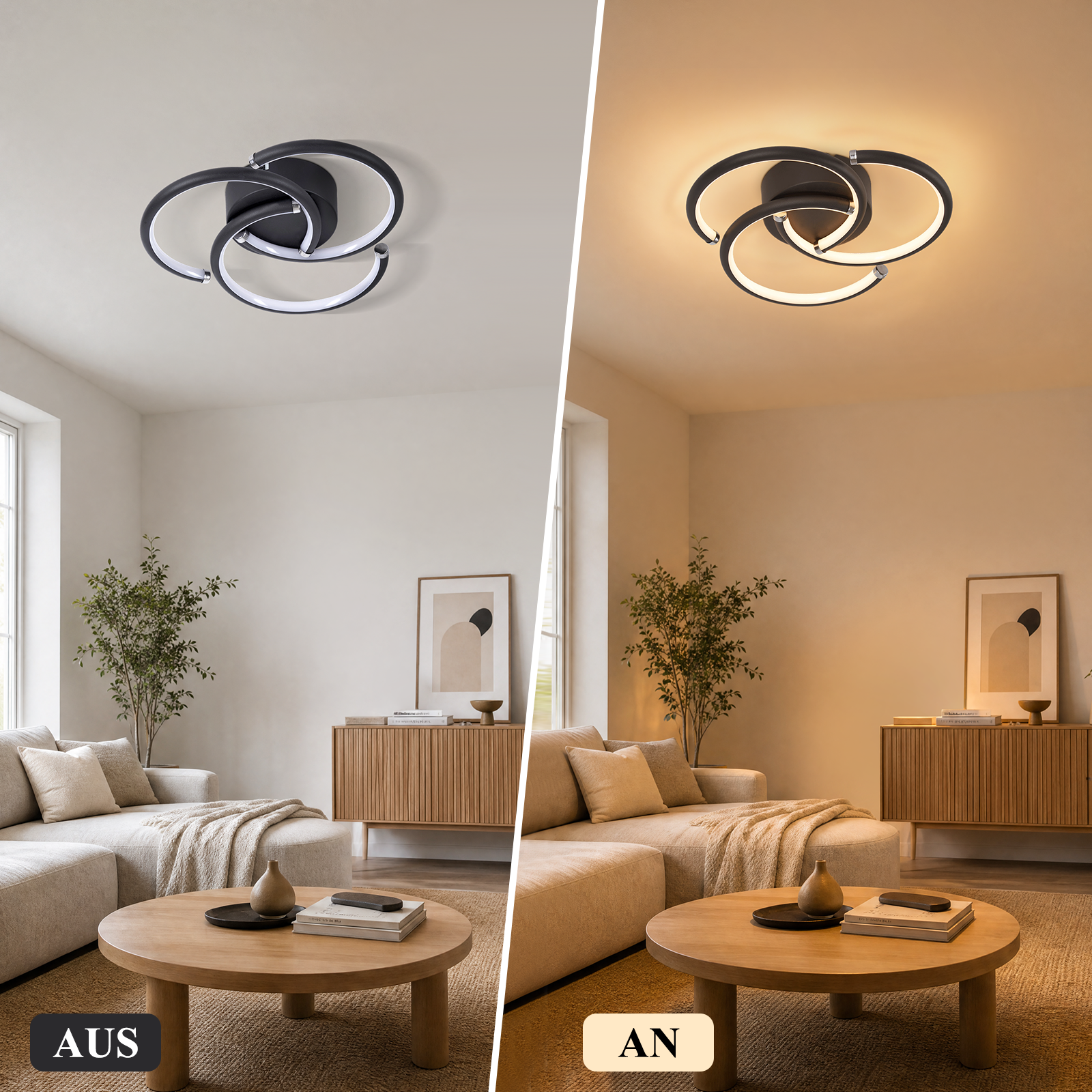 Sala con moderna lámpara de techo negra, apagada a la izquierda y encendida con luz cálida a la derecha.