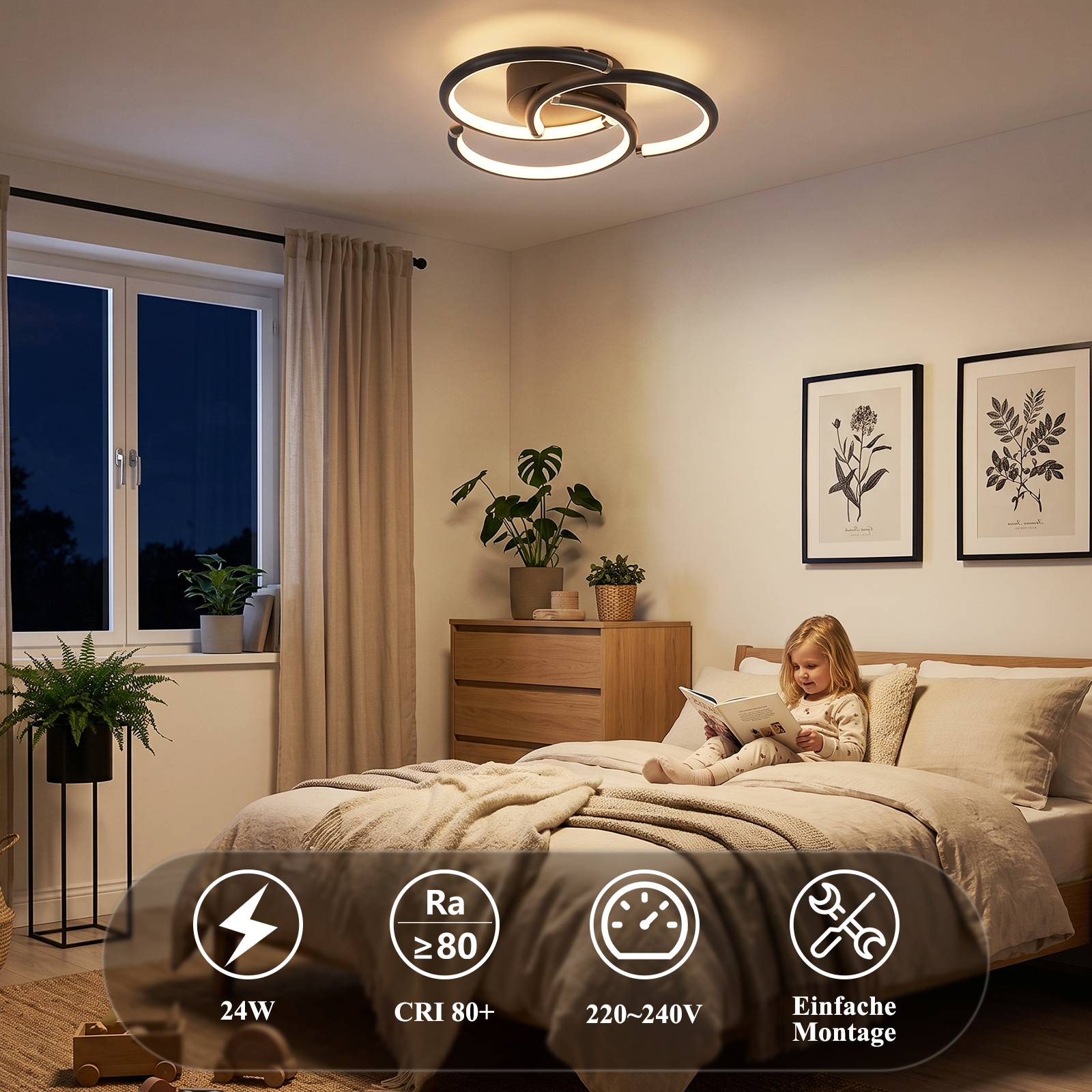 Acogedor dormitorio con niña leyendo, lámpara de techo moderna, cómoda, plantas y ventana nocturna.