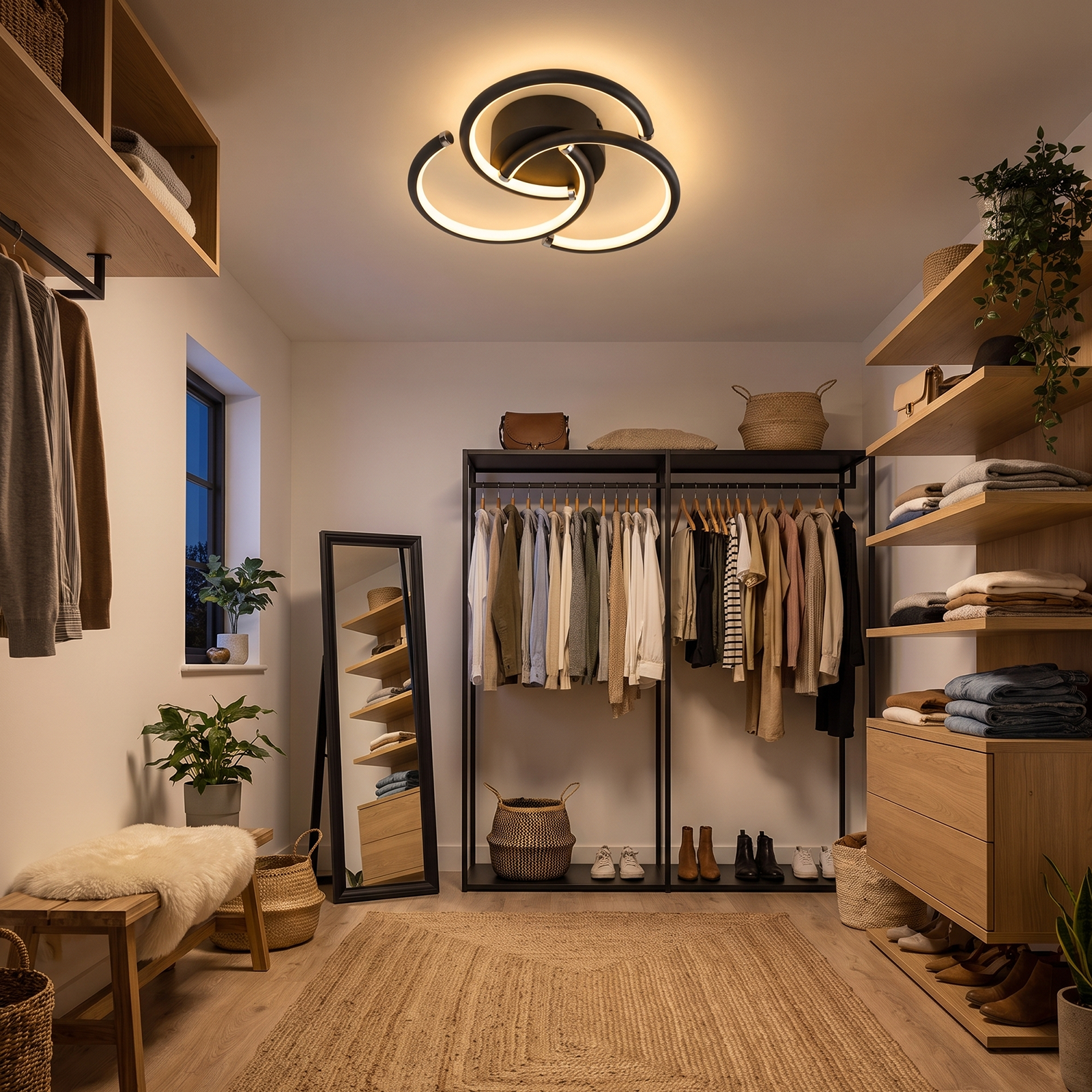 Vestidor iluminado con estantes de madera, percheros y una lámpara de techo moderna.