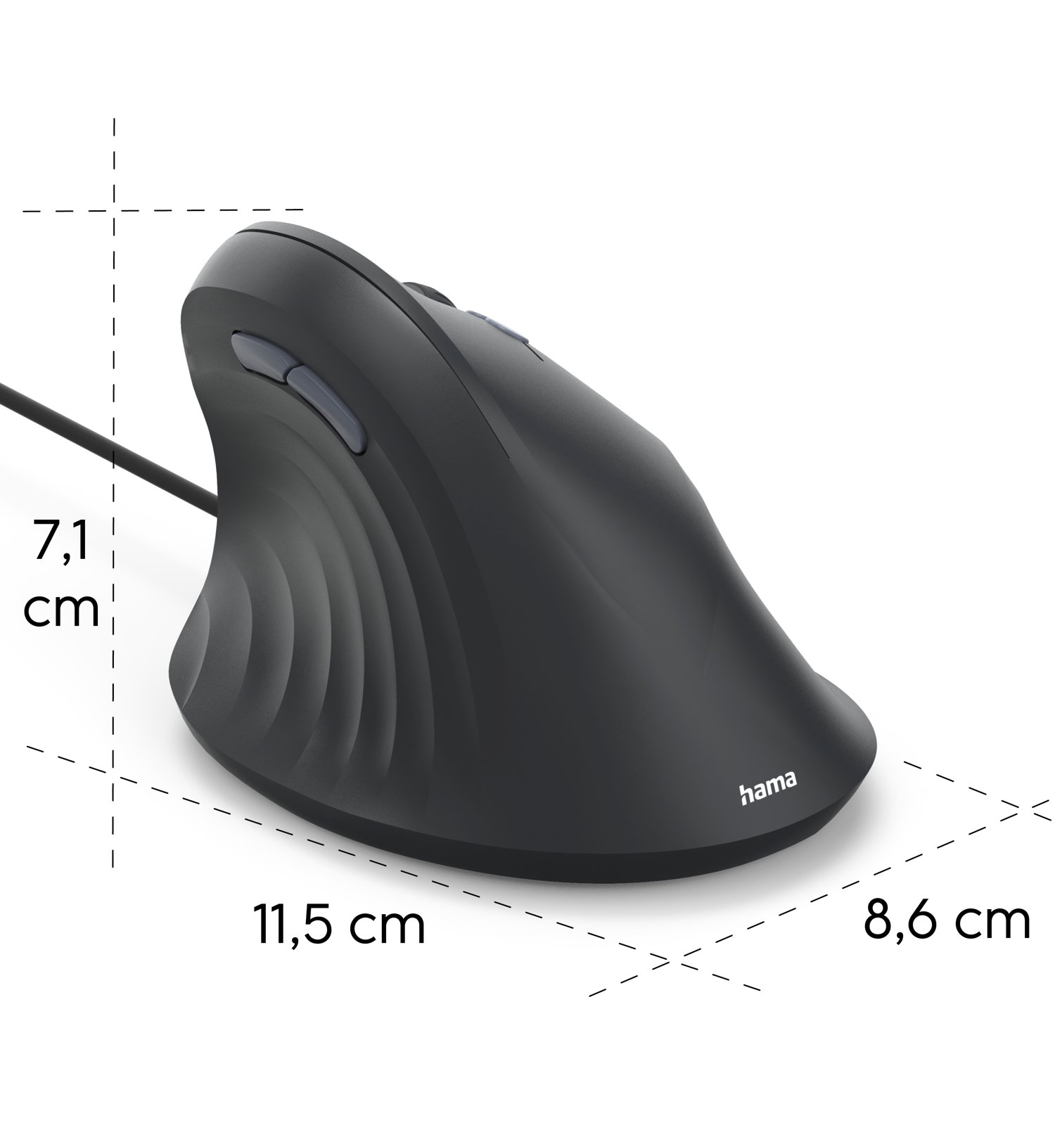 Mouse verticale cablato nero con dimensioni: 11,5 cm di lunghezza, 8,6 cm di larghezza, 7,1 cm di altezza.