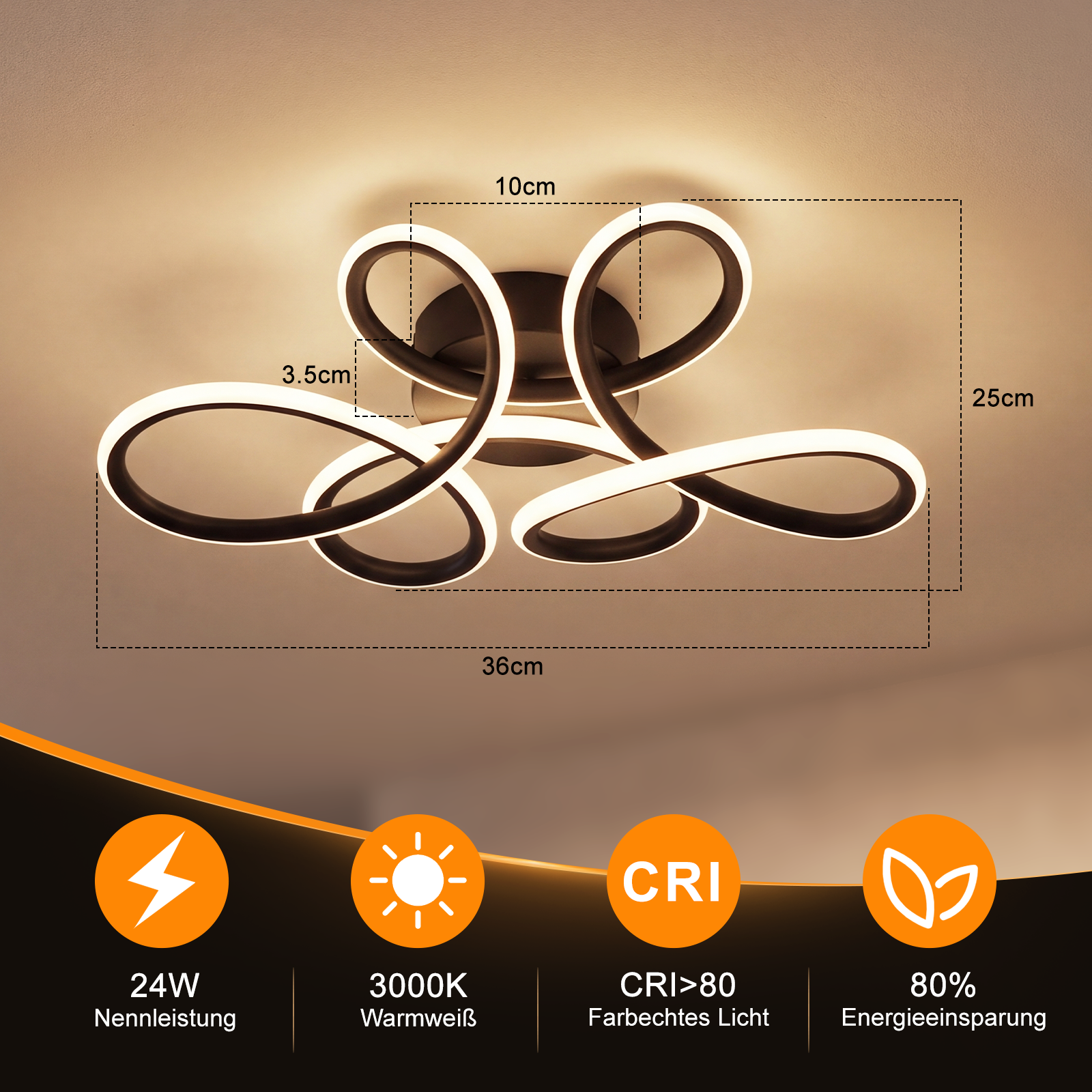 Lámpara de techo LED negra moderna con dimensiones e iconos de potencia, temperatura de color, CRI y ahorro de energía.