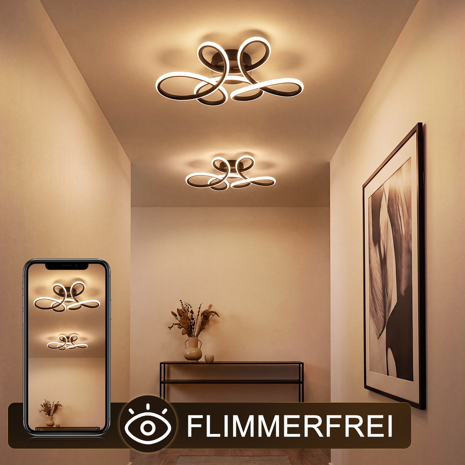 Pasillo moderno con dos plafones LED curvos y un cuadro enmarcado en la pared.