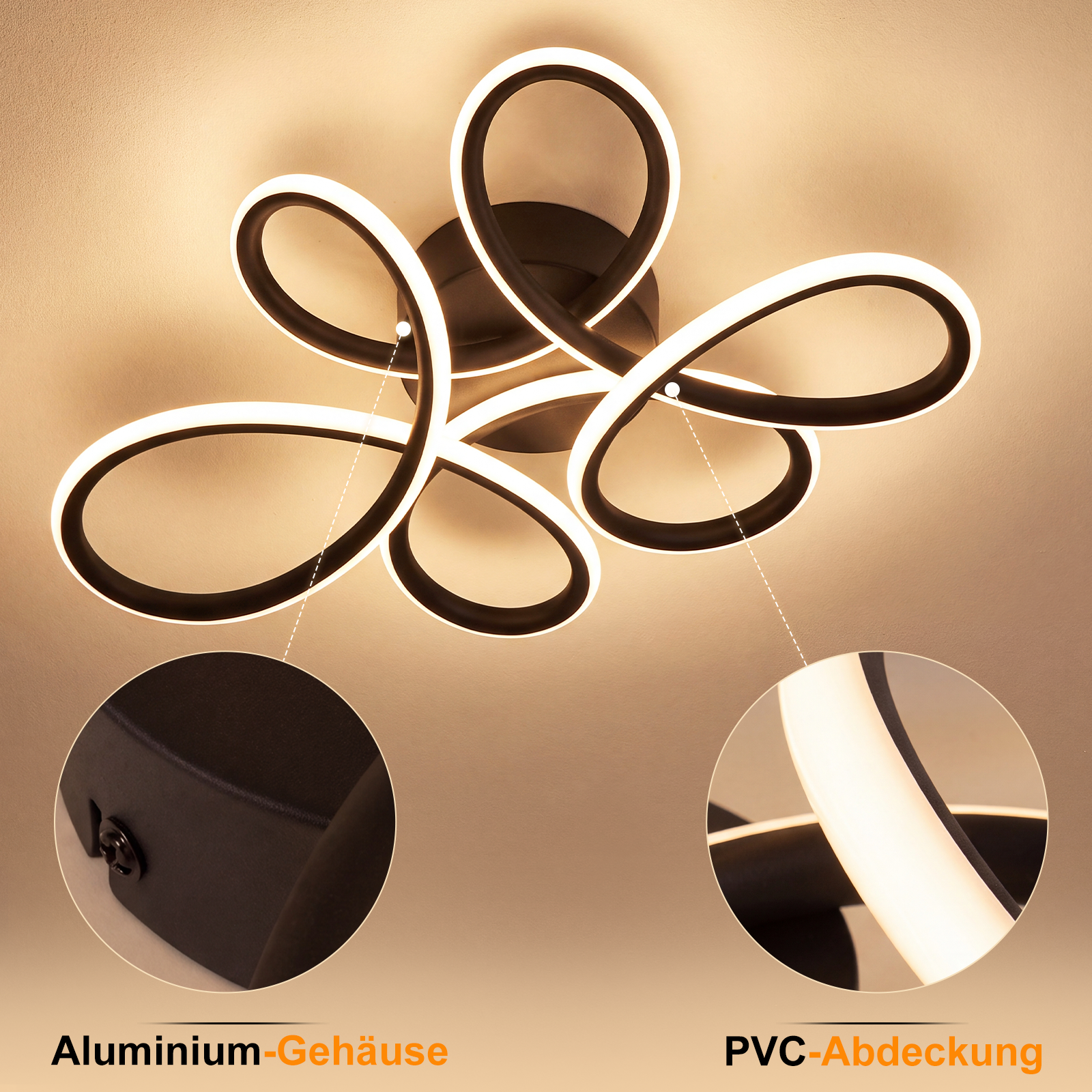 Lámpara de techo LED moderna con diseño curvo, carcasa de aluminio y cubierta de PVC.