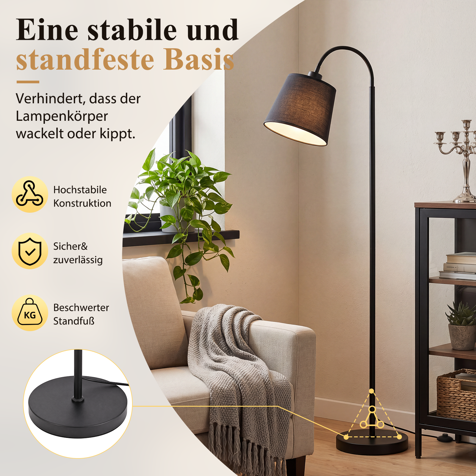 Lámpara de pie en arco negra junto a un sillón en una sala luminosa, con texto e infografías.