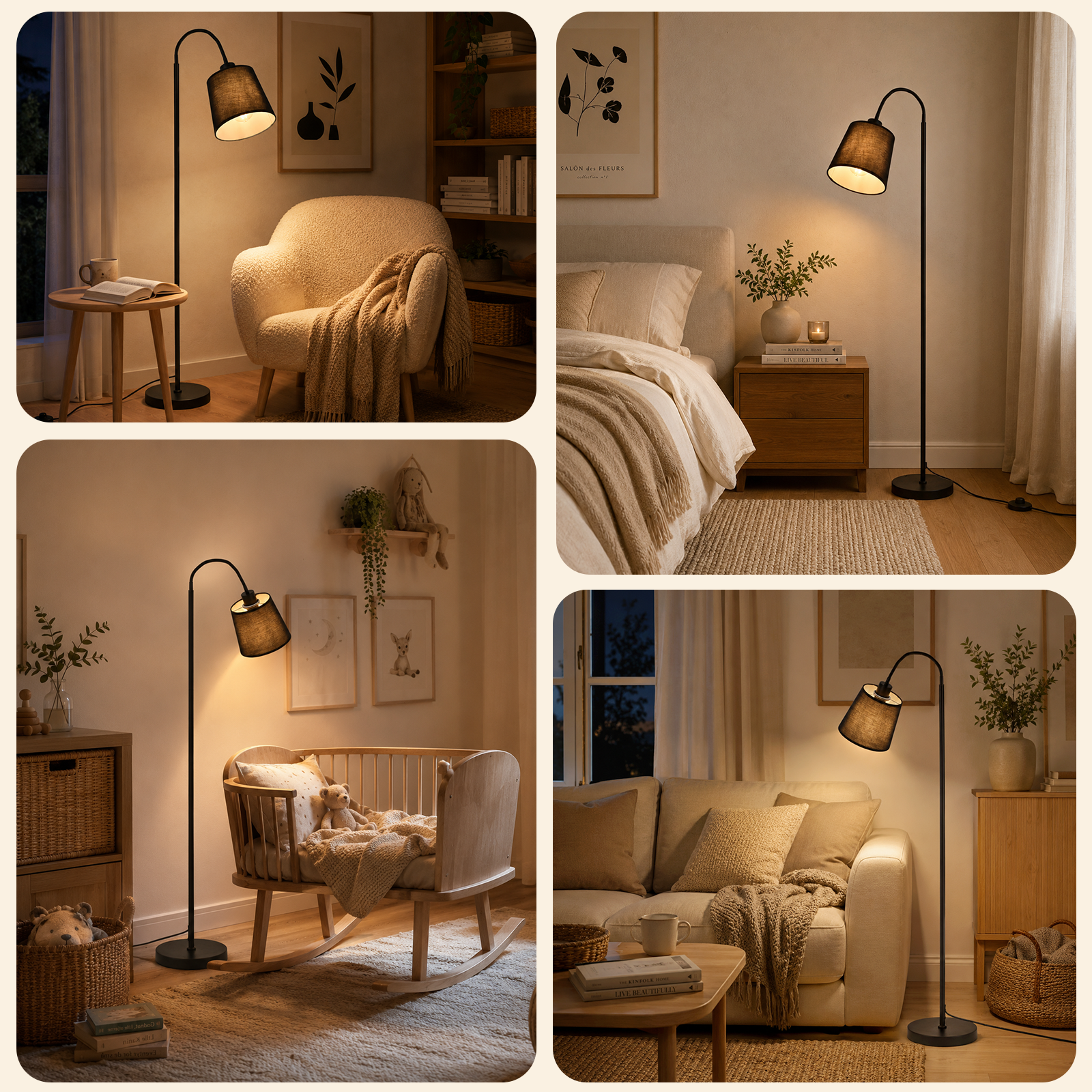 Cuatro imágenes muestran la misma lámpara de pie arqueada negra en interiores iluminados cálidamente.