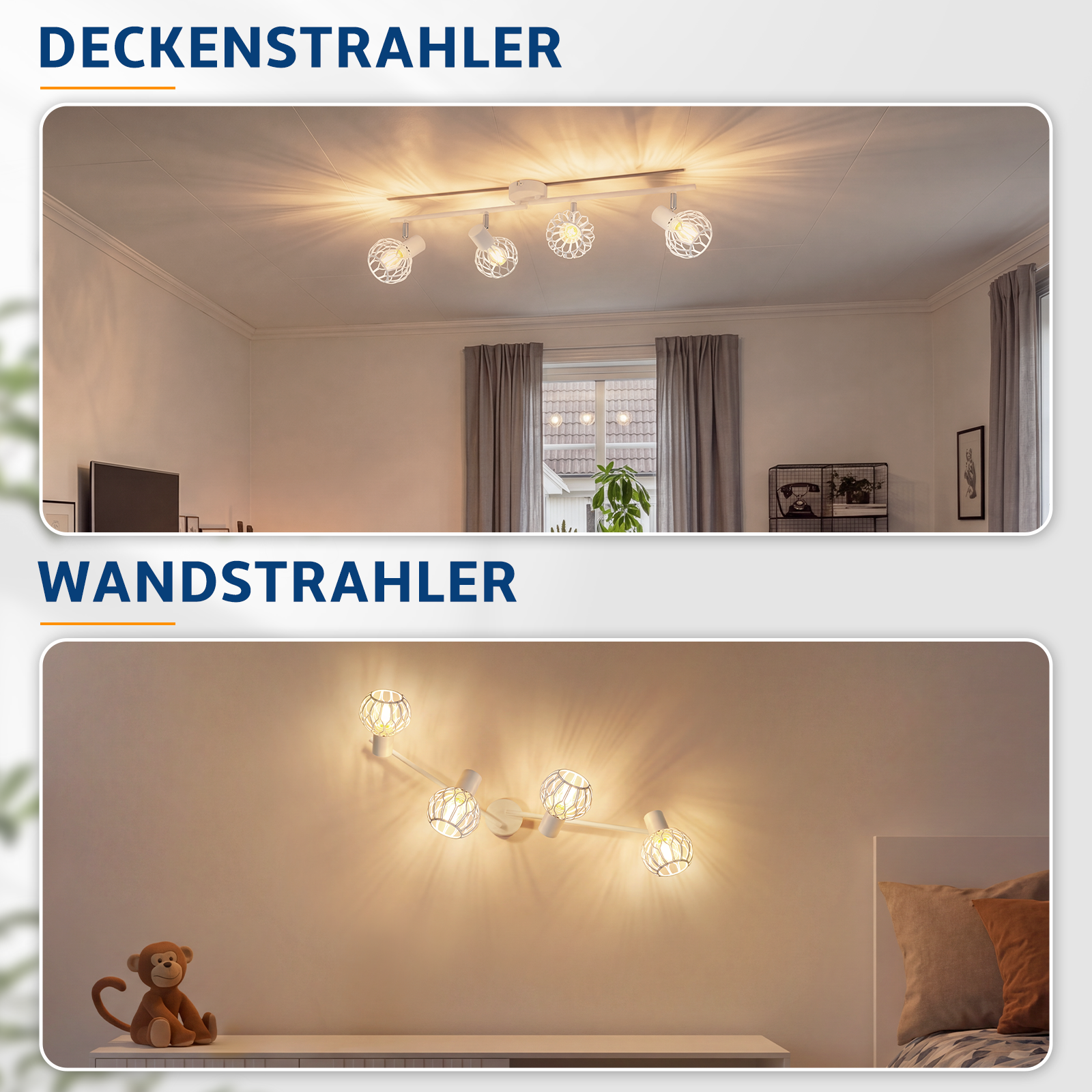 Dos escenas con lámparas blancas: arriba como foco de techo, abajo como foco de pared en una habitación acogedora.