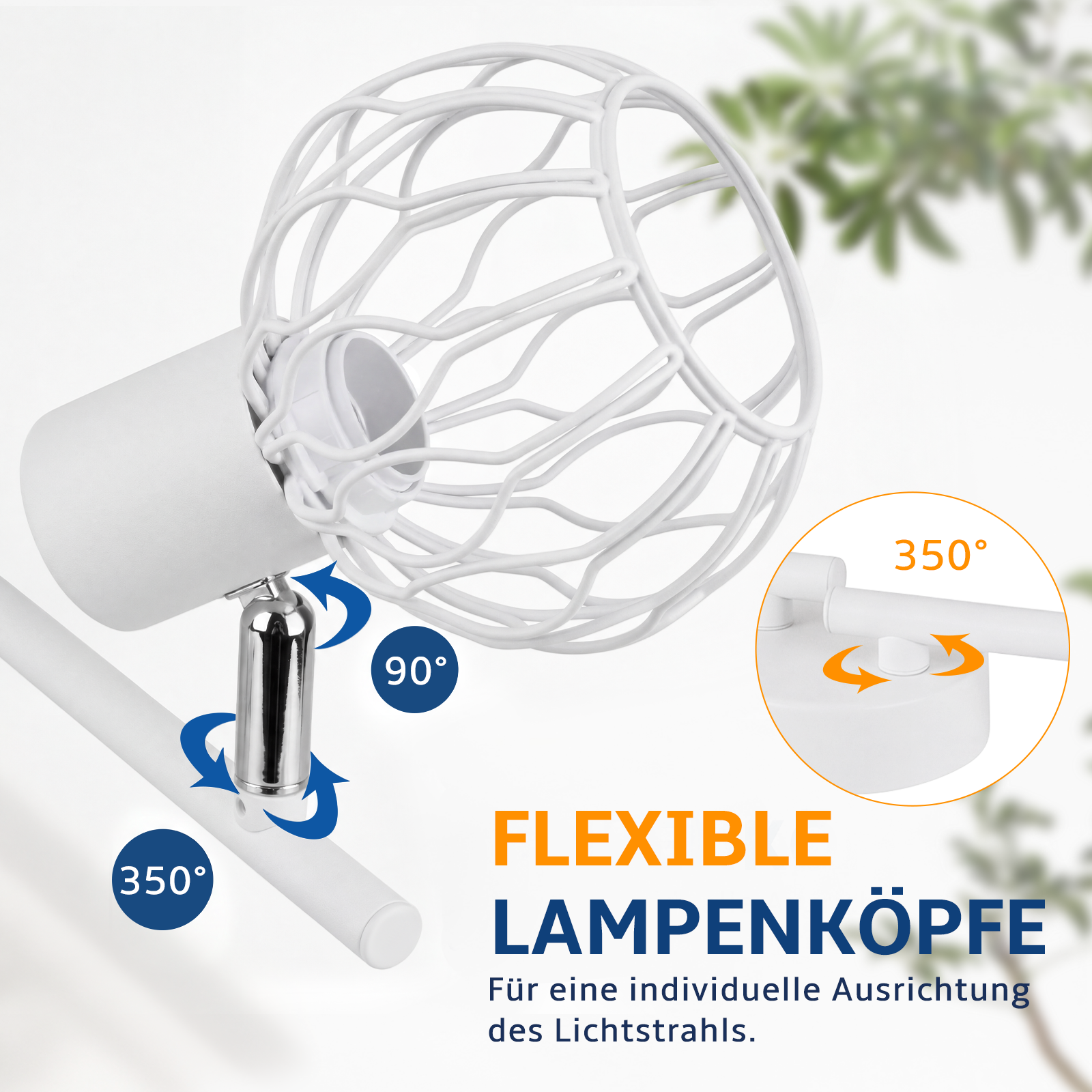 Lámpara blanca flexible con diseño de jaula, giratoria 350 y 90 grados, con texto en alemán.