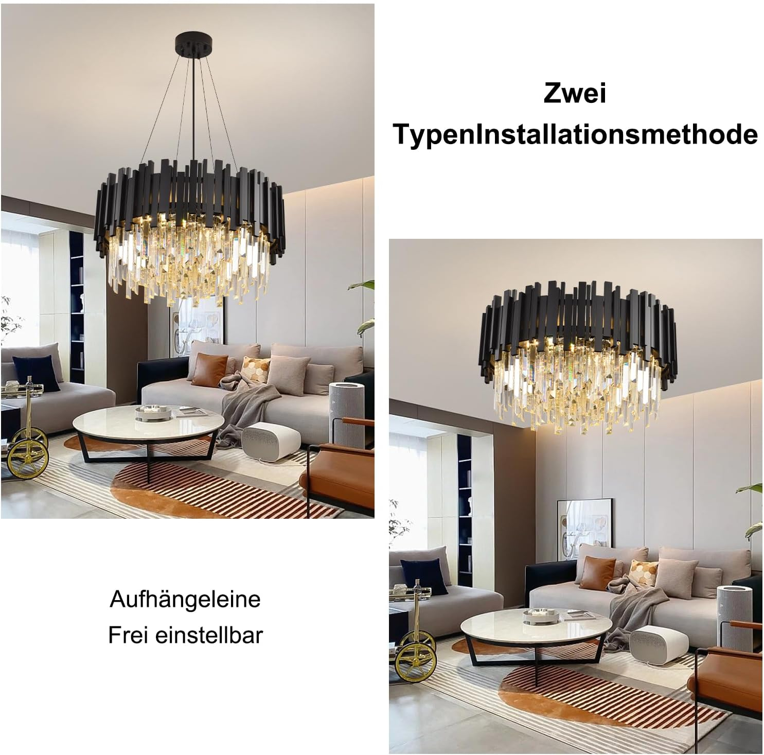 Moderne Deckenleuchte mit schwarzem Rahmen und Kristallanhängern in einem eleganten Wohnzimmer.