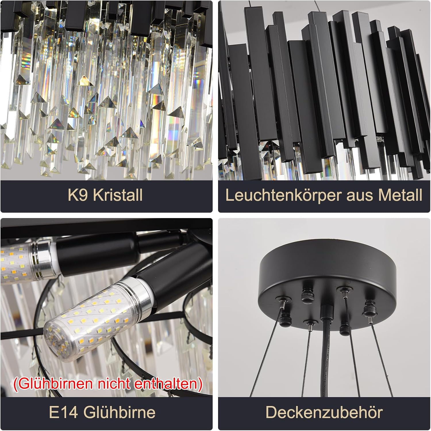 Vierteiliges Detailbild der Kristall-Pendelleuchte mit K9-Kristallen, Metallrahmen, E14-Fassung und Deckenhalterung.