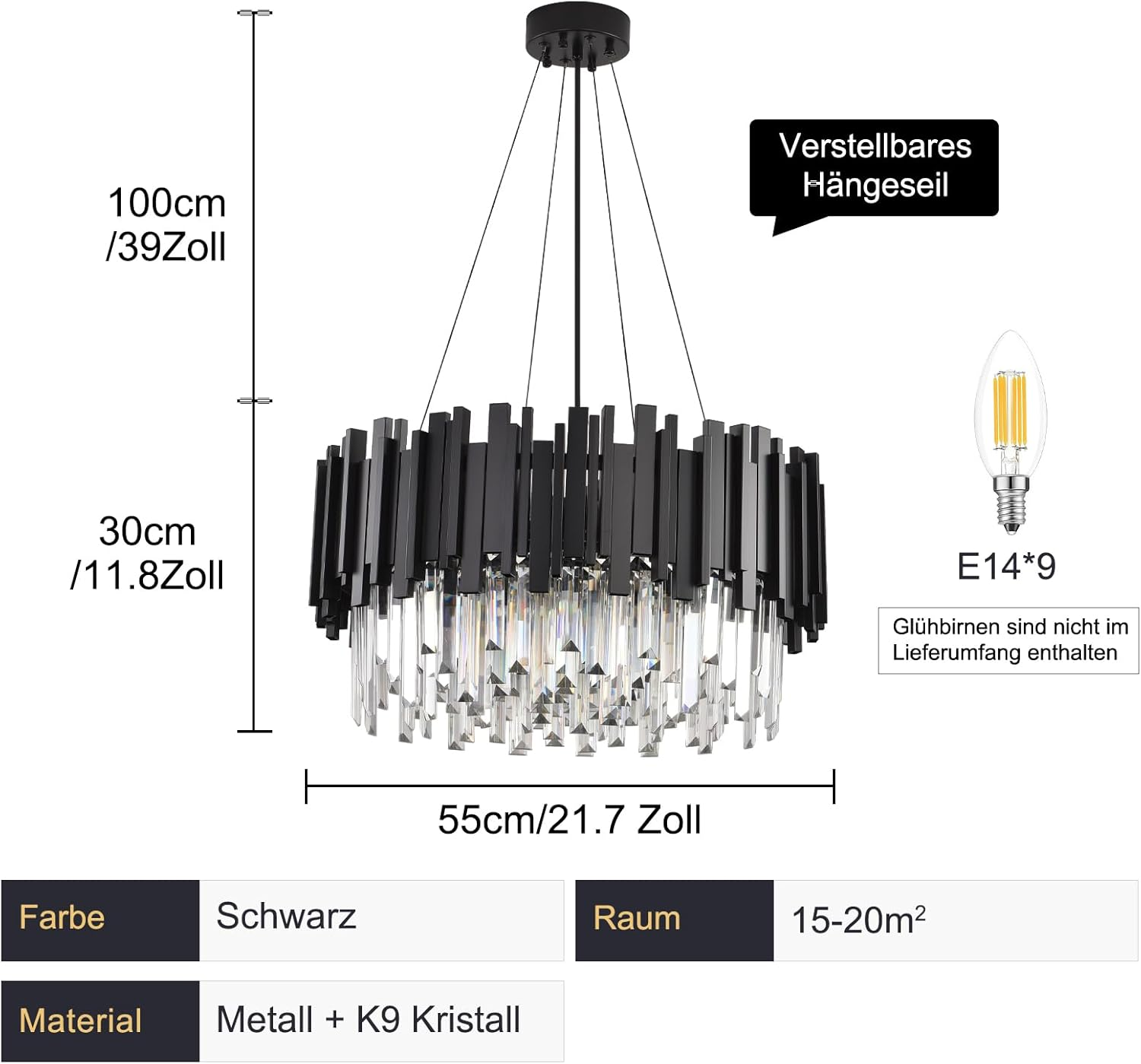 Schwarzer Kronleuchter mit Kristallen, 55cm Durchmesser, Maße und technische Details inklusive.