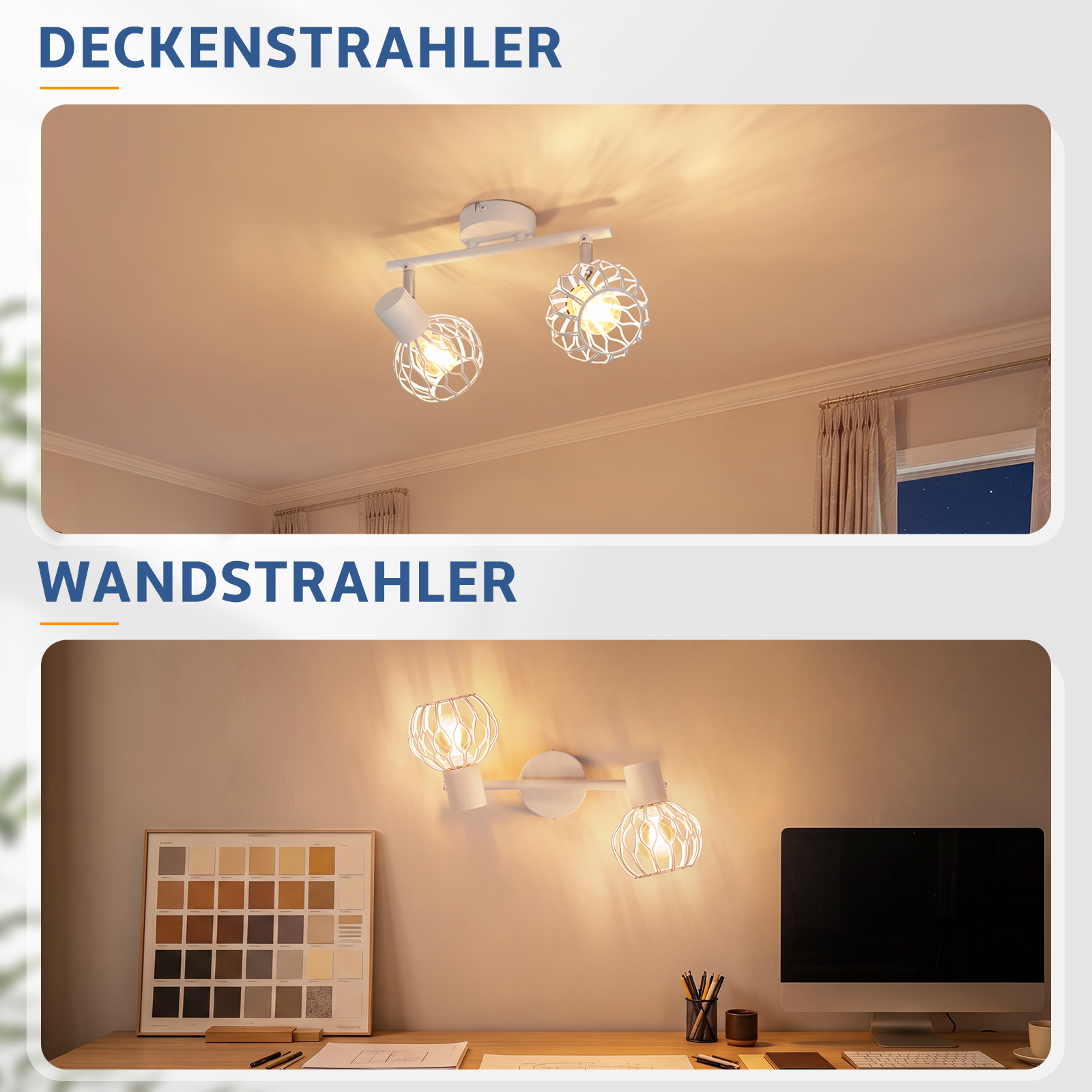 Dos luces blancas con diseño de rejilla: un foco de techo y un foco de pared sobre un escritorio.