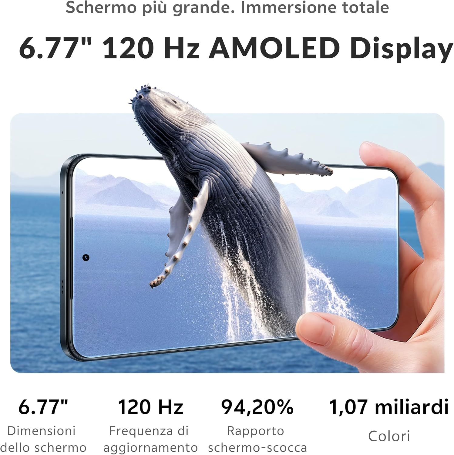 Eine Hand hält ein Smartphone mit einem Wal, der aus dem Bildschirm über dem Wasser springt, mit Text.