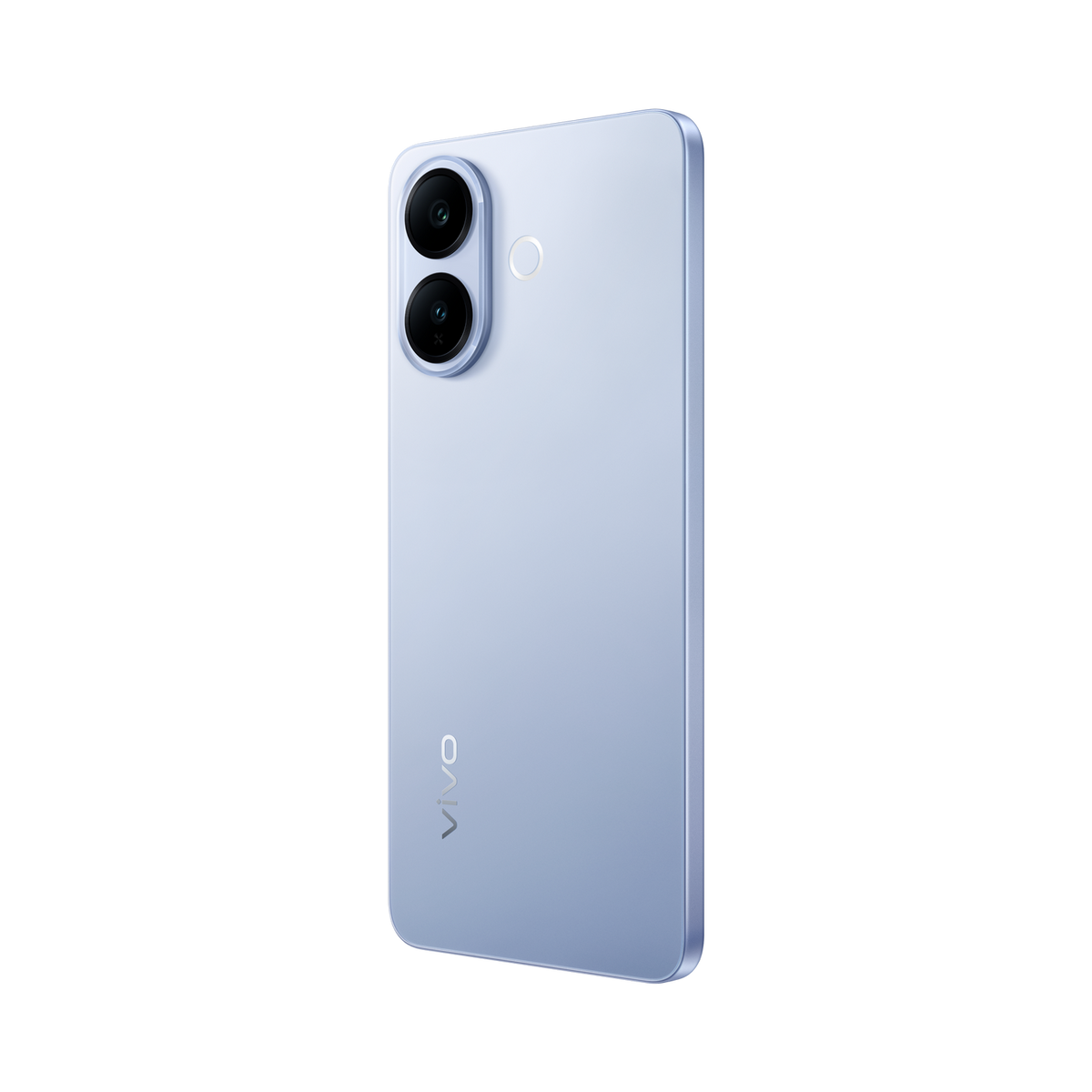 Rückseite eines hellblauen Vivo-Smartphones mit zwei vertikal angeordneten Kameras und dem Vivo-Logo auf schwarzem Hintergrund.