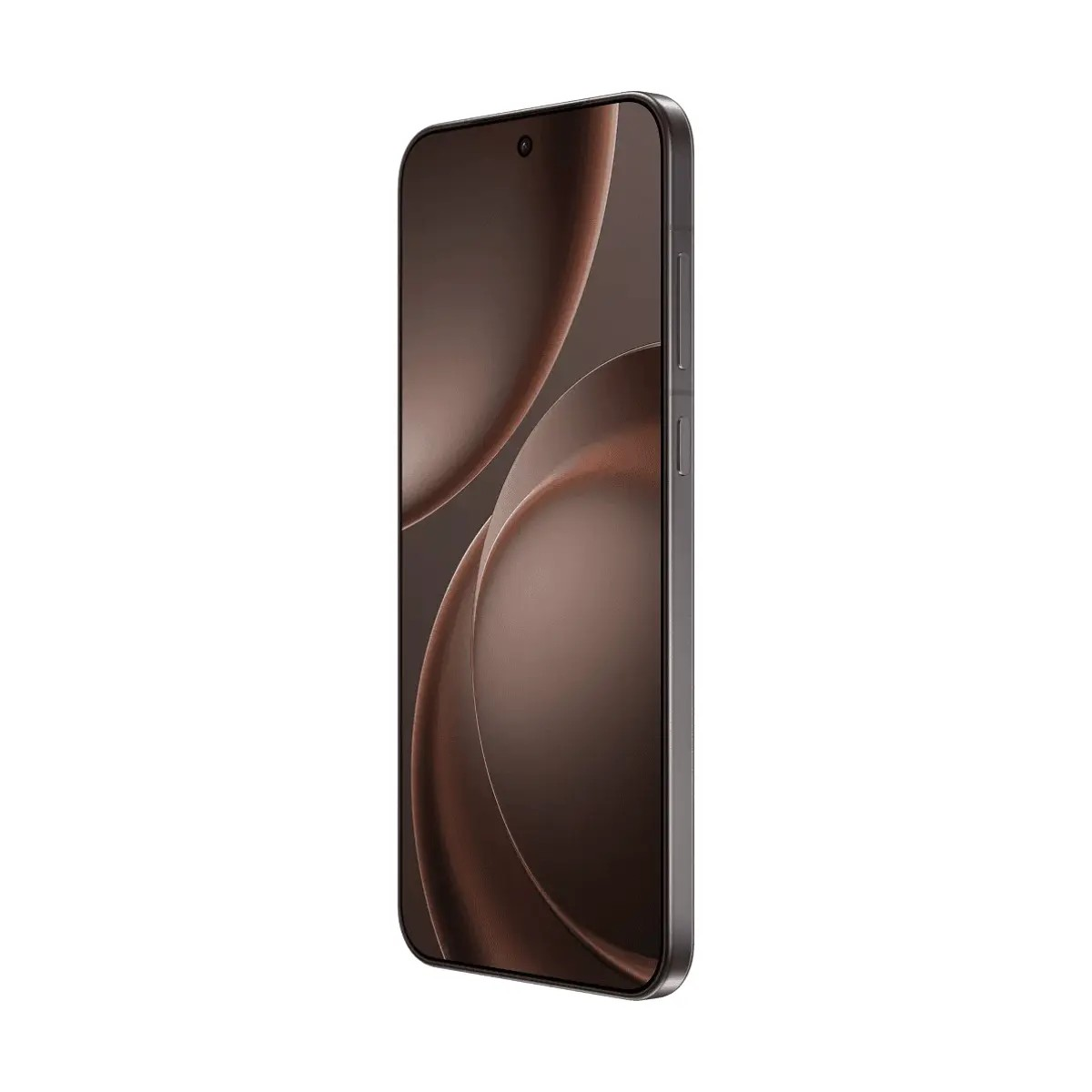 Uno smartphone in orientamento verticale con scocca scura e sfondo marrone, mostrato leggermente di tre quarti.