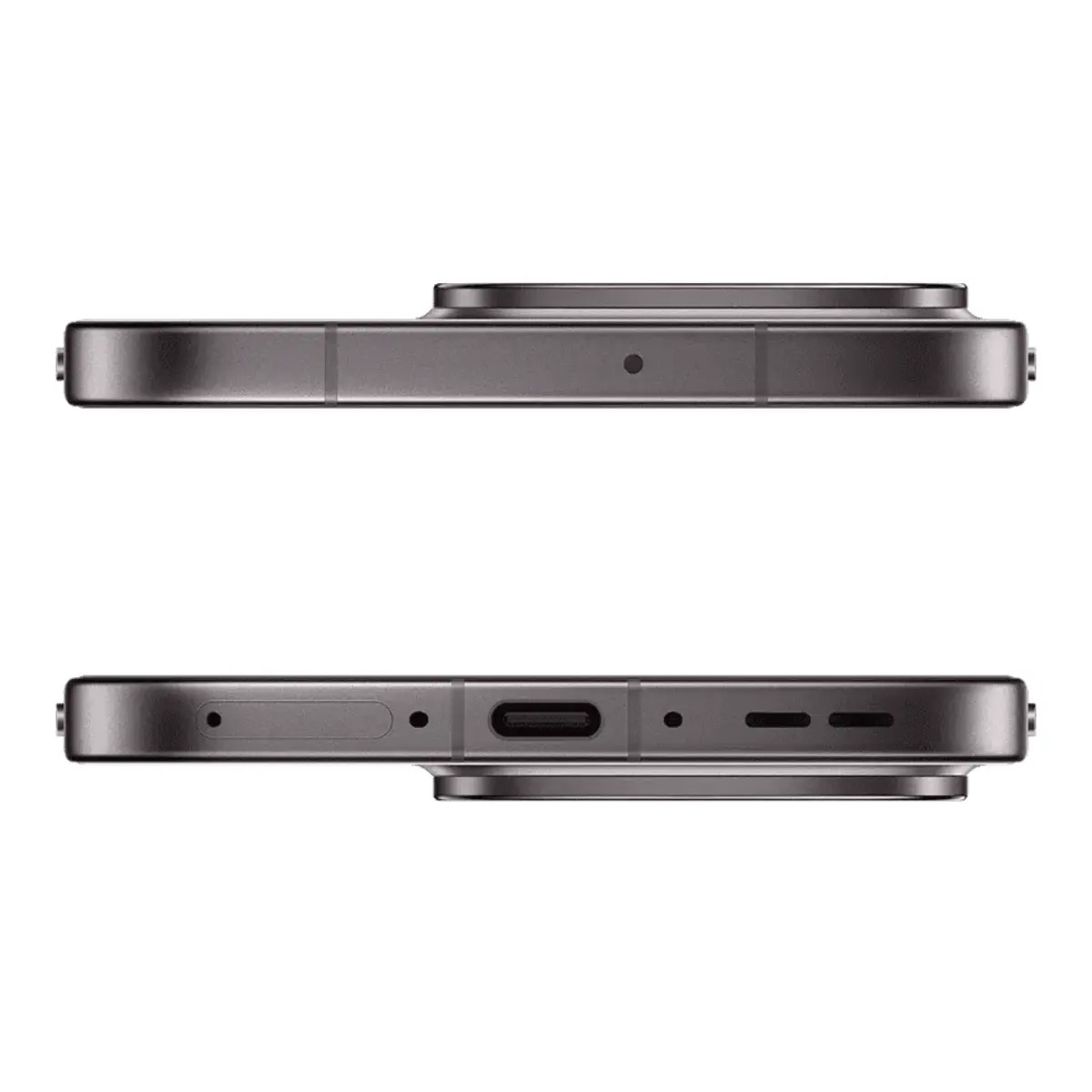 Viste laterali di uno smartphone scuro con porta USB-C, microfono e altoparlanti.
