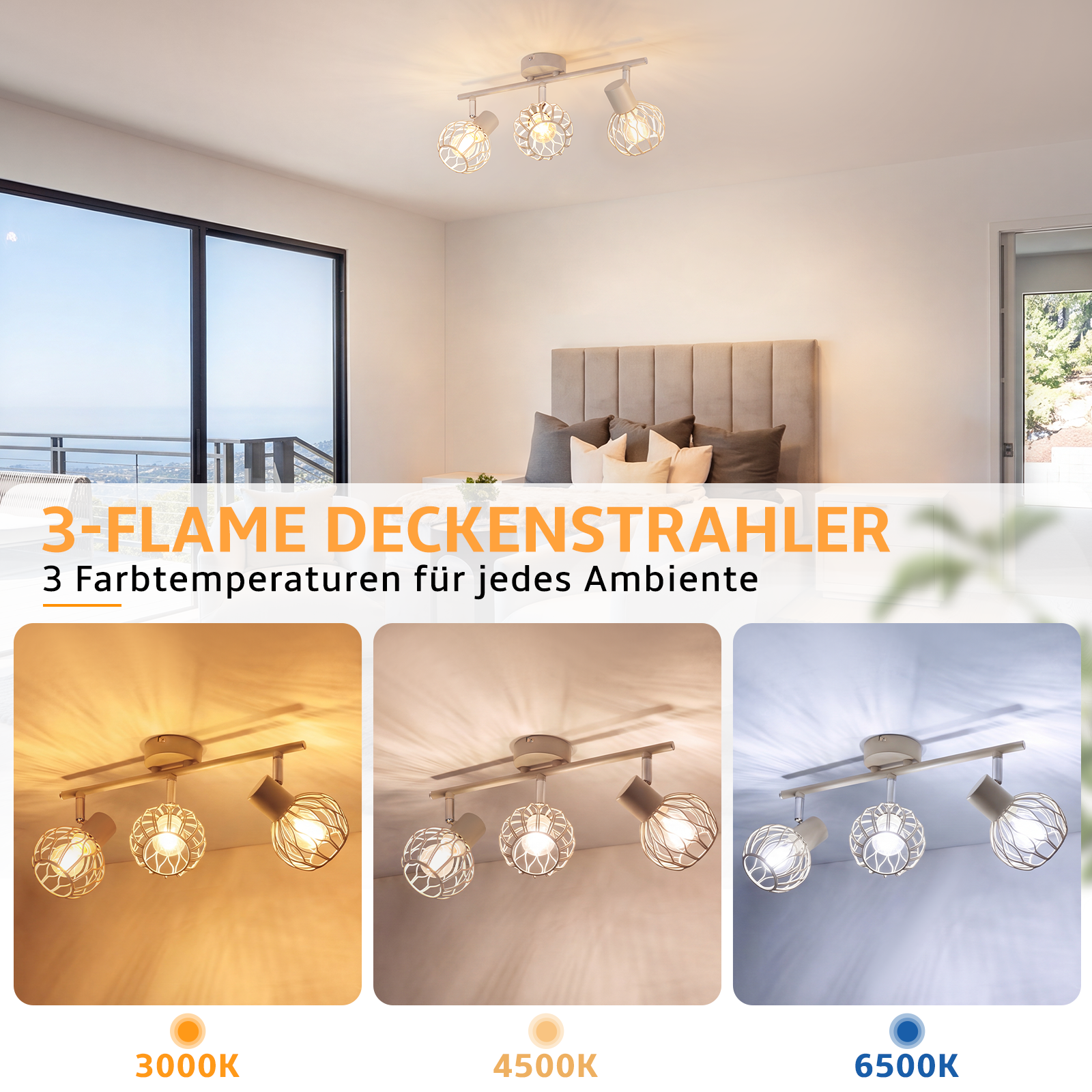 Deckenstrahler mit drei Gitter-Leuchtkörpern und drei Farbtemperaturen (3000K, 4500K, 6500K) im Schlafzimmer.