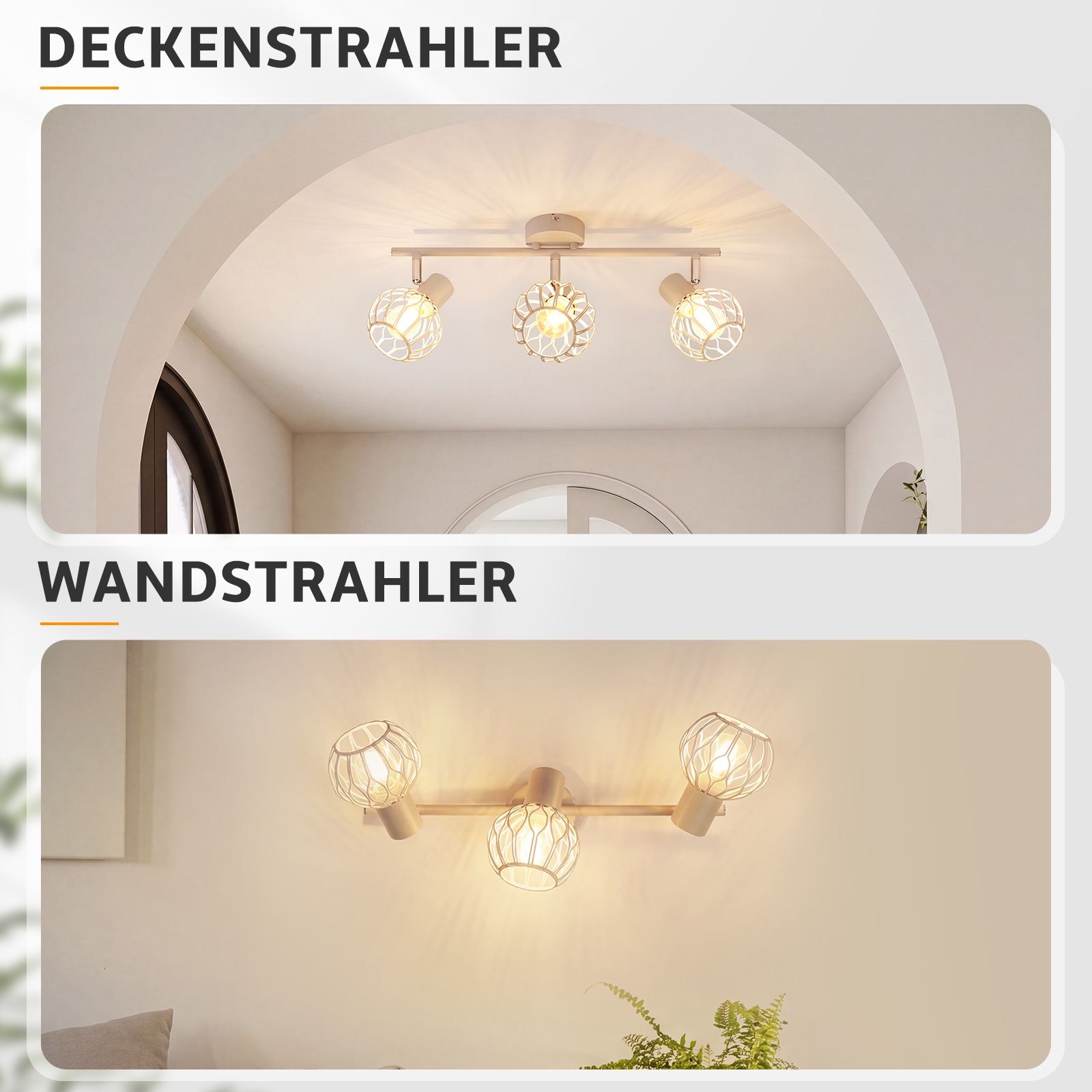 Deckenstrahler und Wandstrahler mit drei kugelförmigen, gemusterten Lampenschirmen in einem hellen Raum.