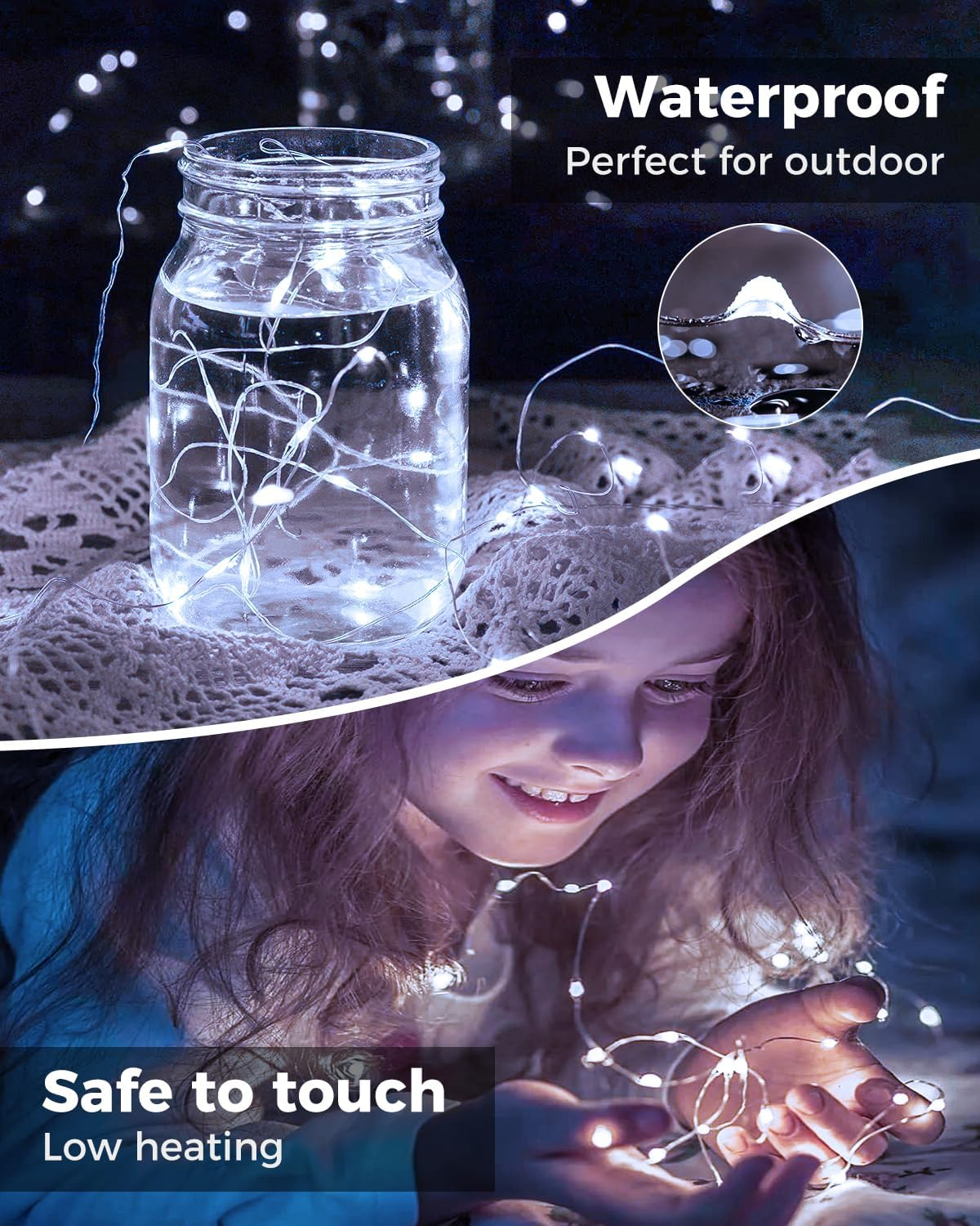 Ein Glas mit Wasser und Lichterketten und ein lächelndes Kind, das leuchtende Drahtlichter hält.