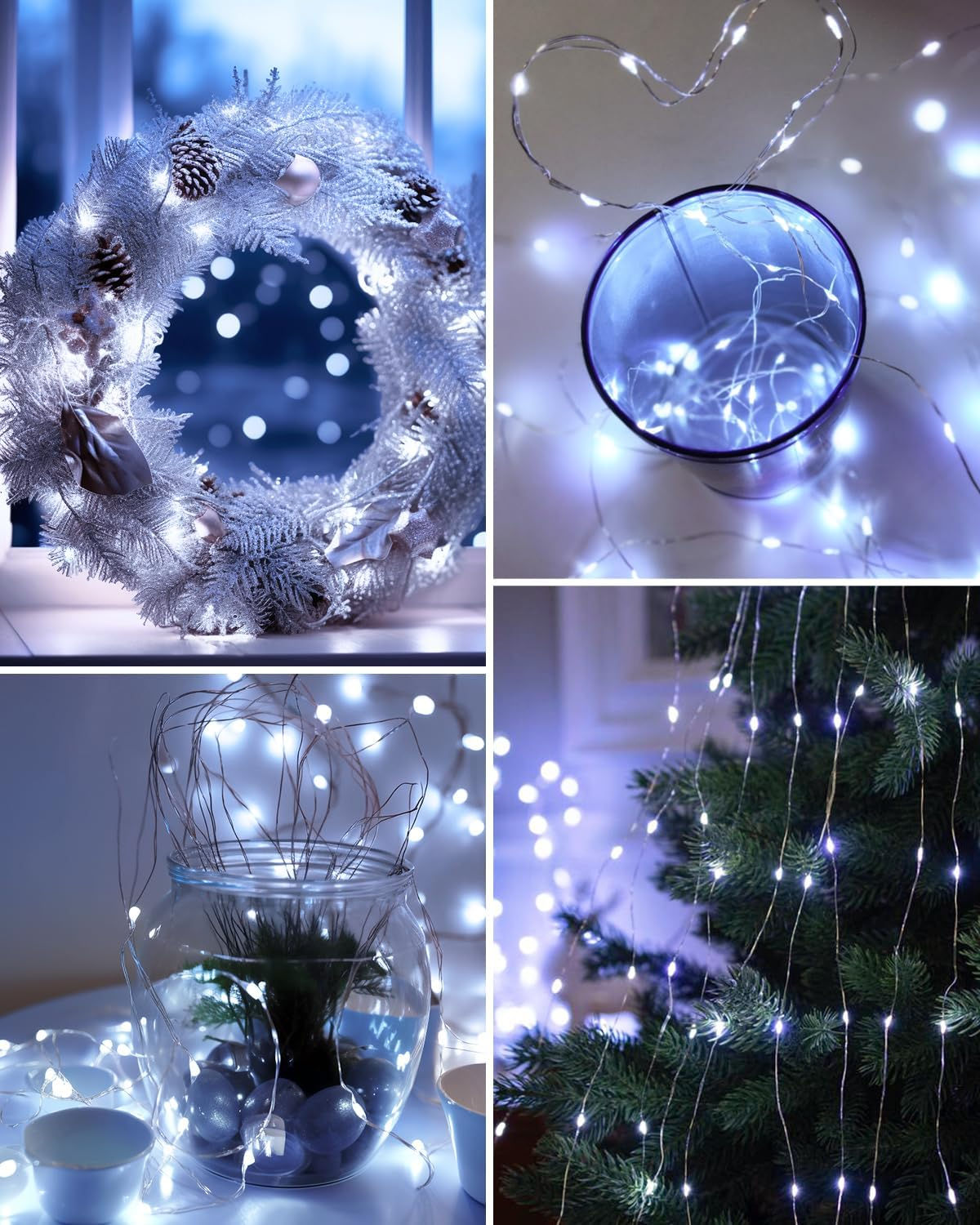 Vier Bilder mit weihnachtlicher Dekoration aus Zapfen, Tannengrün und Lichterketten.