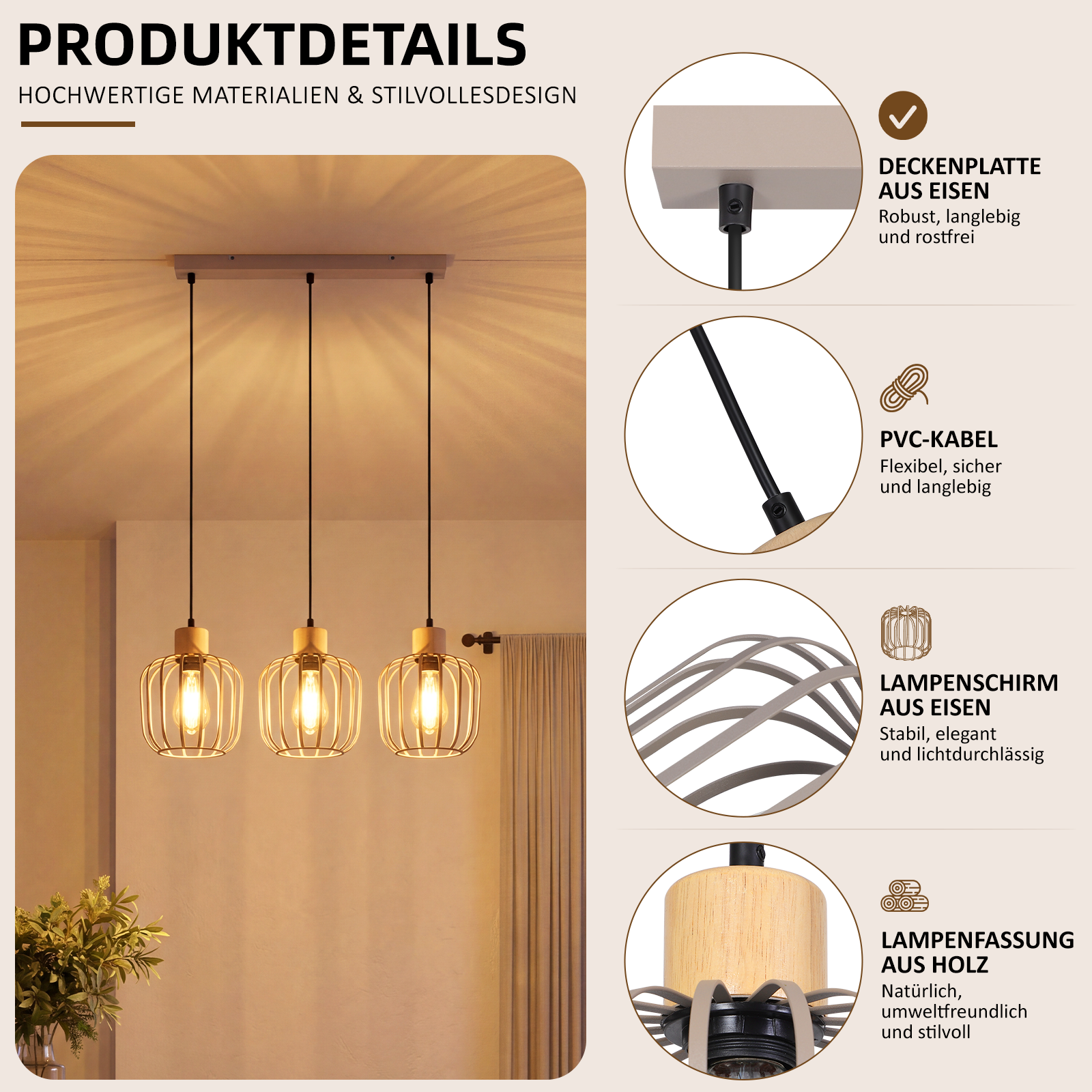 Produktdetails einer modernen dreiflammigen Pendelleuchte mit Eisentirmen, Holzakzenten und Detailaufnahmen.