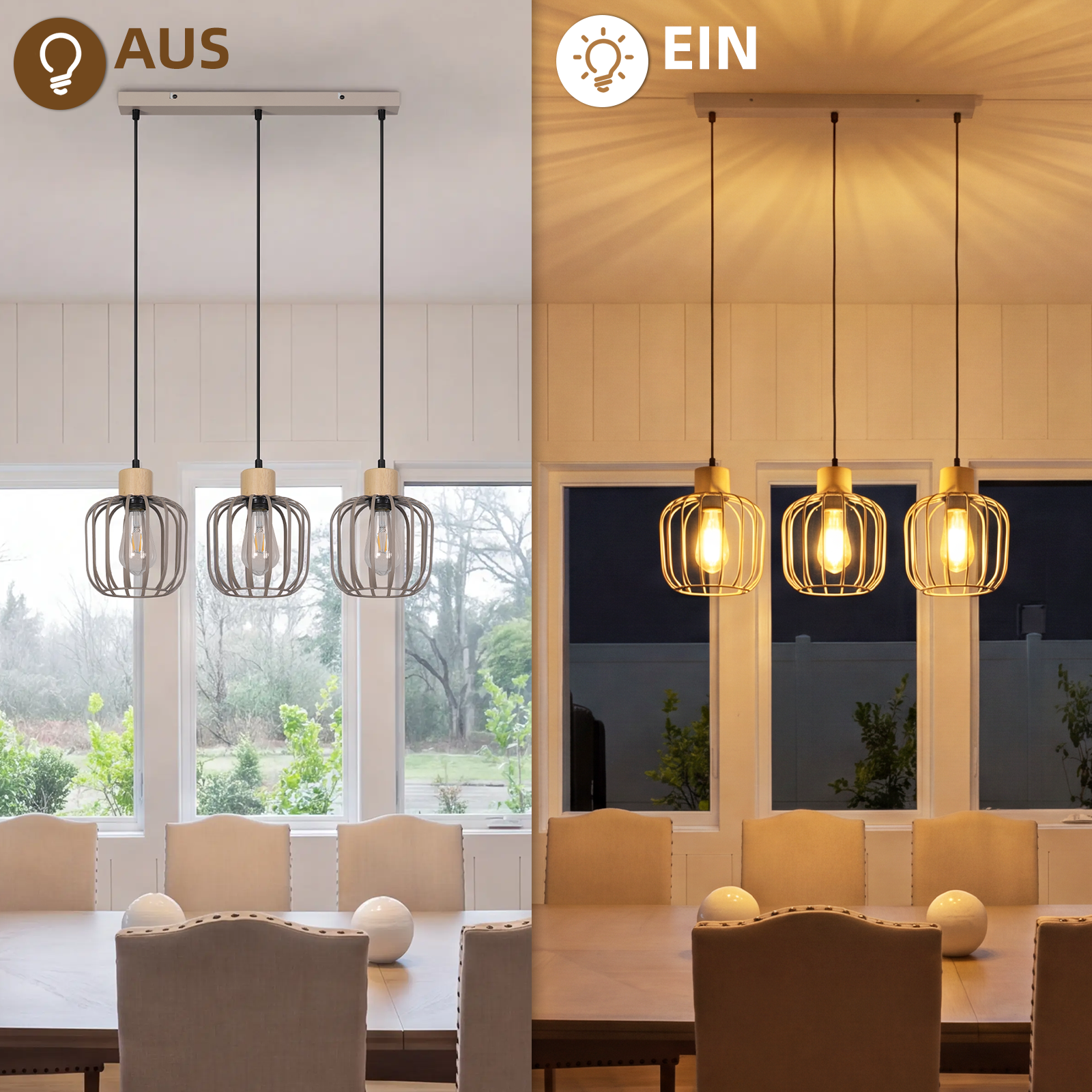 Vergleich zweier Bilder einer dreiflammigen Pendelleuchte über einem Esstisch: Links ausgeschaltet, rechts eingeschaltet.
