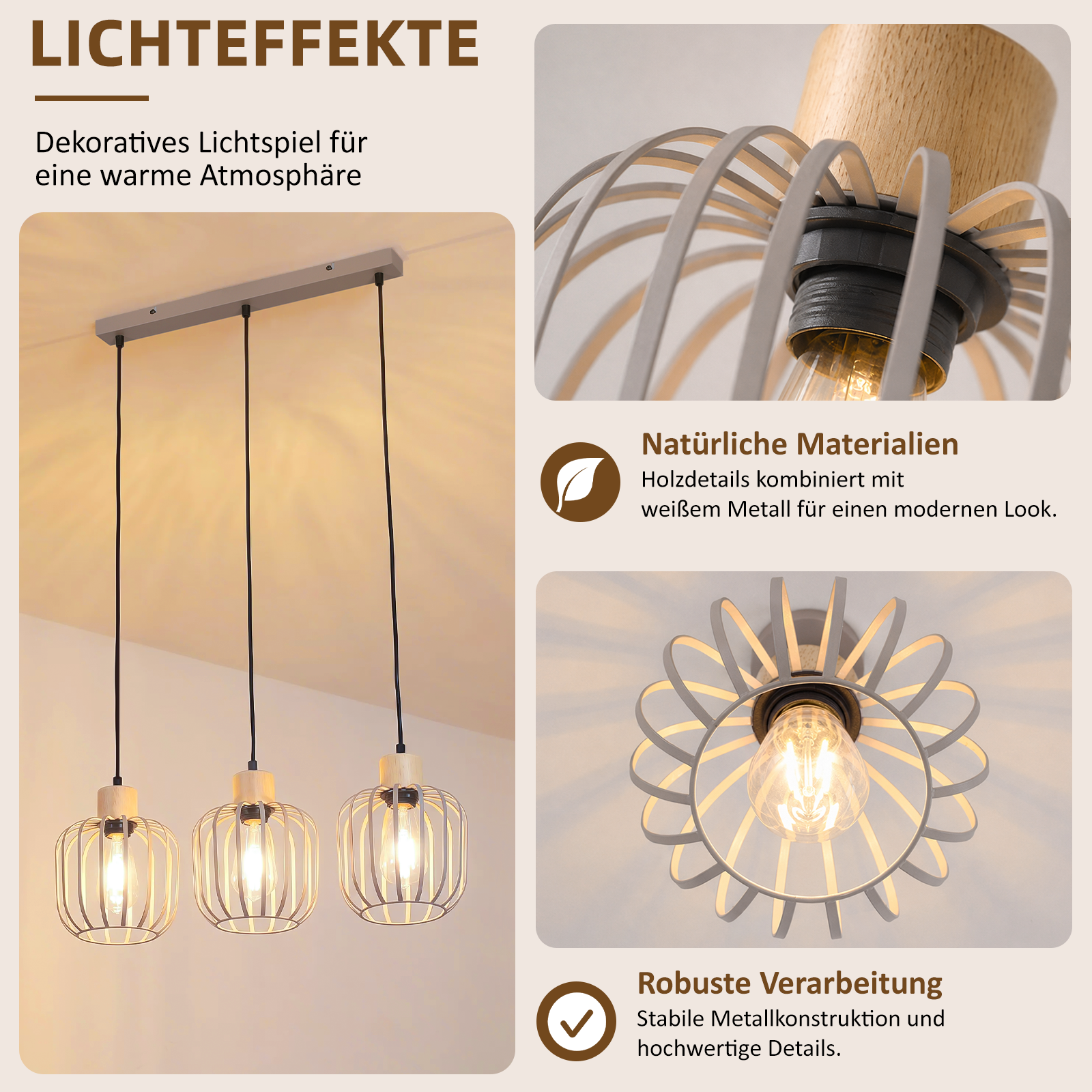 Moderne Hängelampe mit Holzdetails und weißem Metallgitter.
