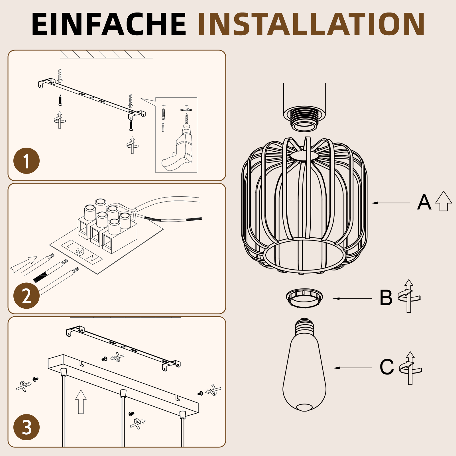 Installationsanleitung mit drei Schritten und Skizzen einer Leuchte.