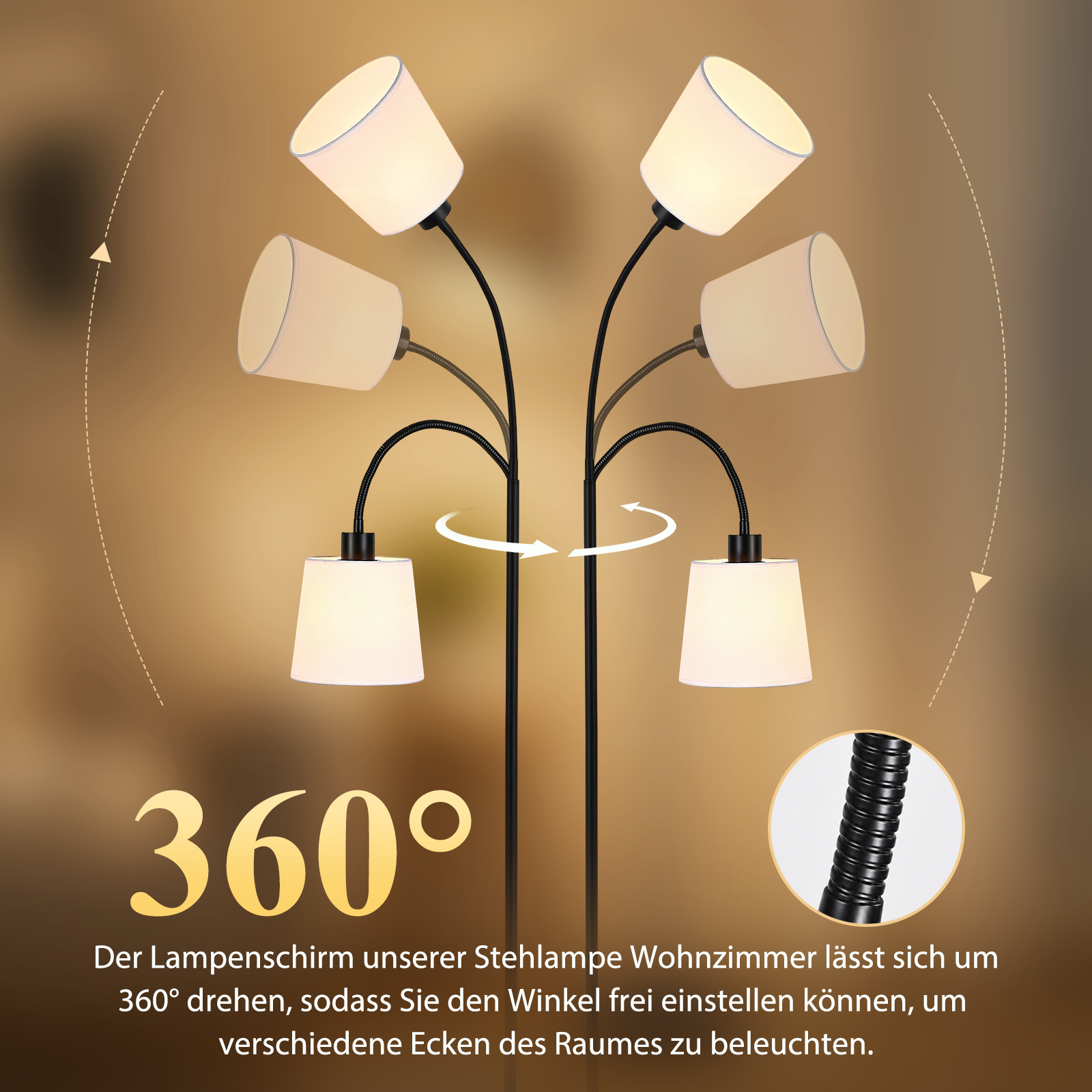 Lámpara de pie con seis pantallas ajustables y giratorias de 360 grados.