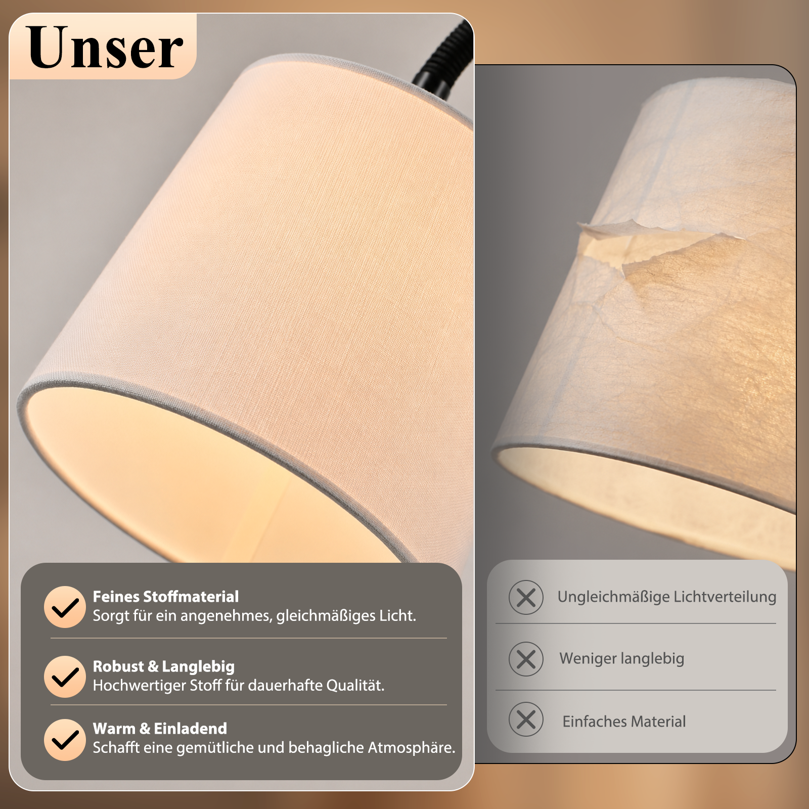 Comparación de dos pantallas: tela de calidad a la izquierda y papel dañado a la derecha.