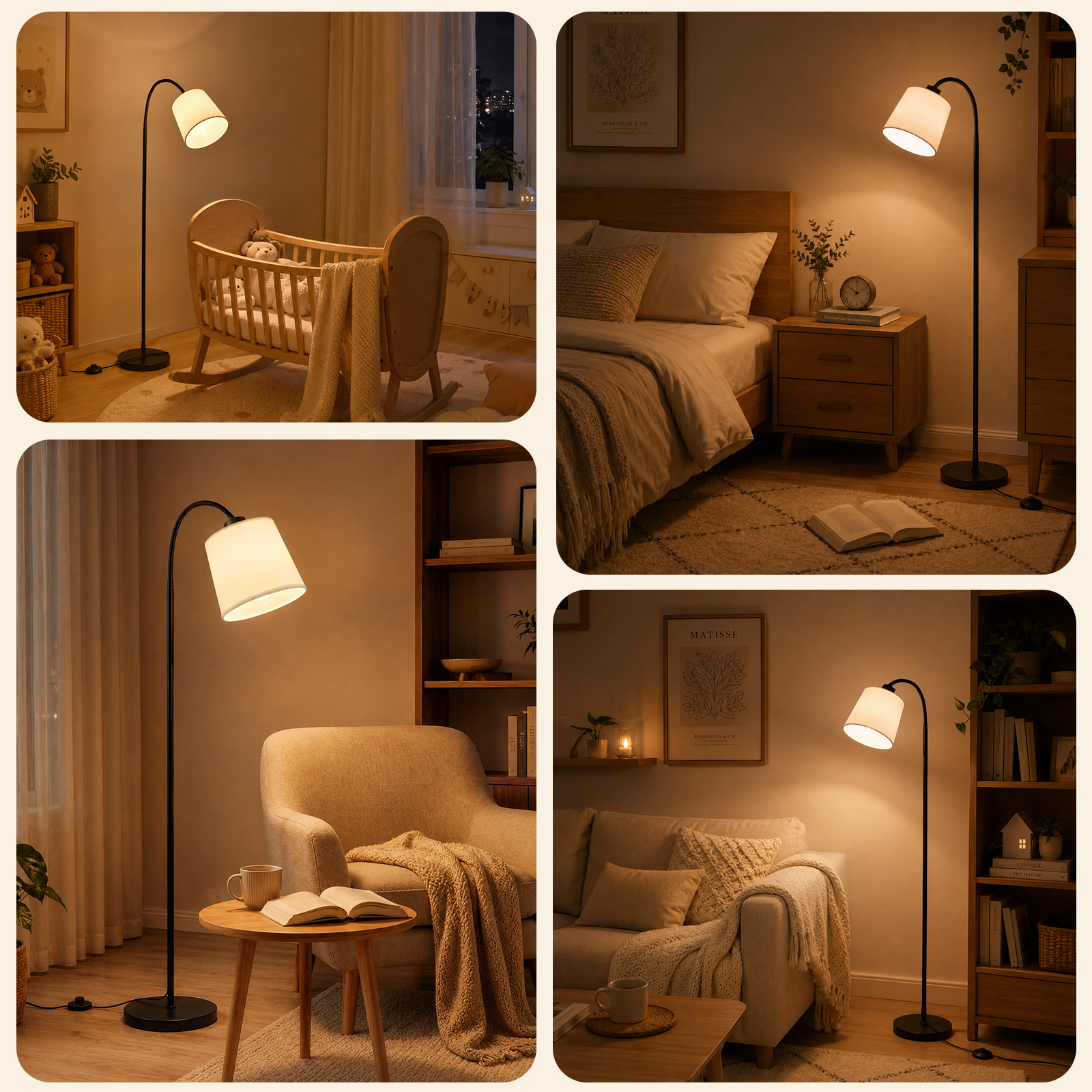 Cuatro imágenes muestran diferentes habitaciones iluminadas con una lámpara de pie moderna.