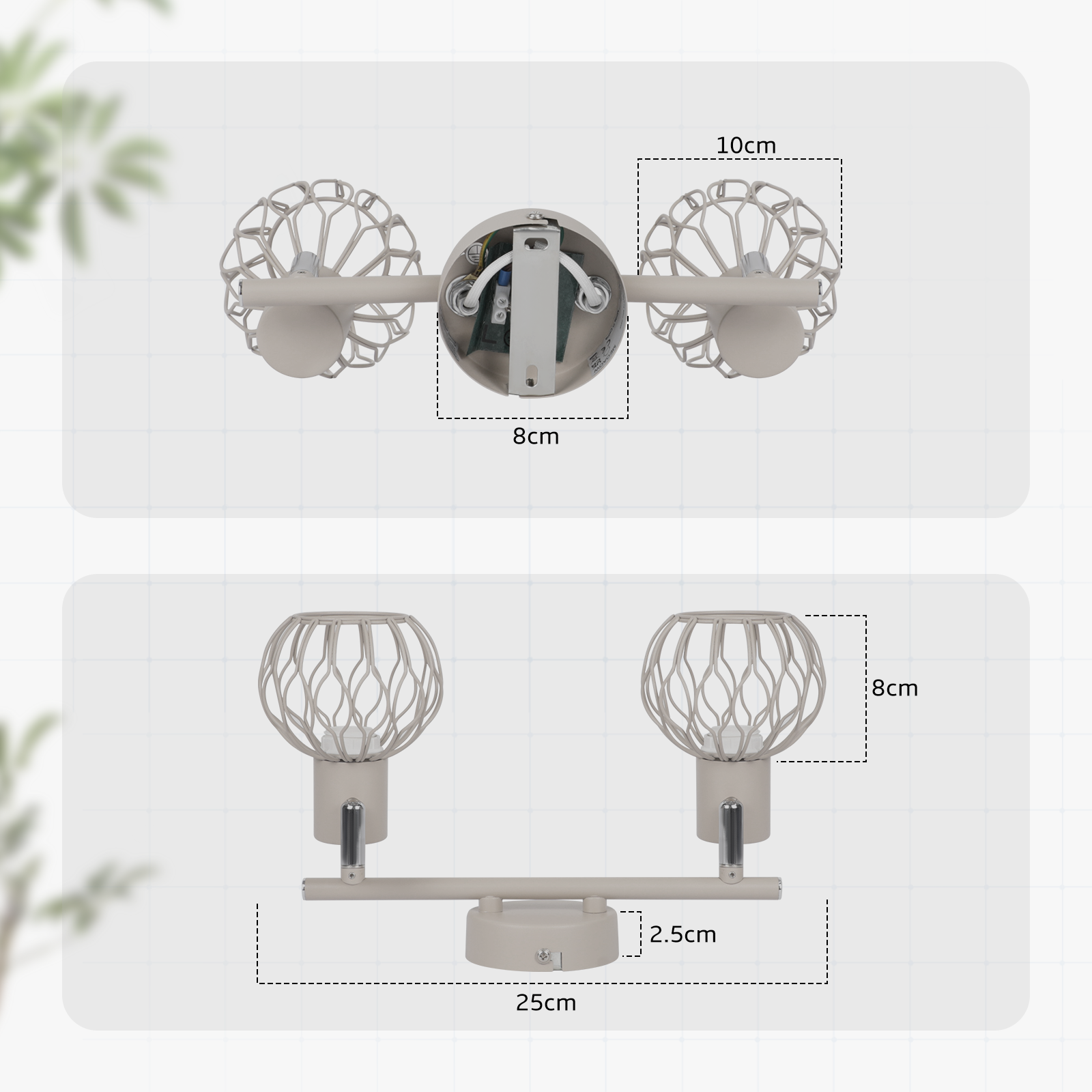 Diagramm einer doppelten Wandlampe mit Maßen für Breite, Höhe und Abstände auf grauem Hintergrund.
