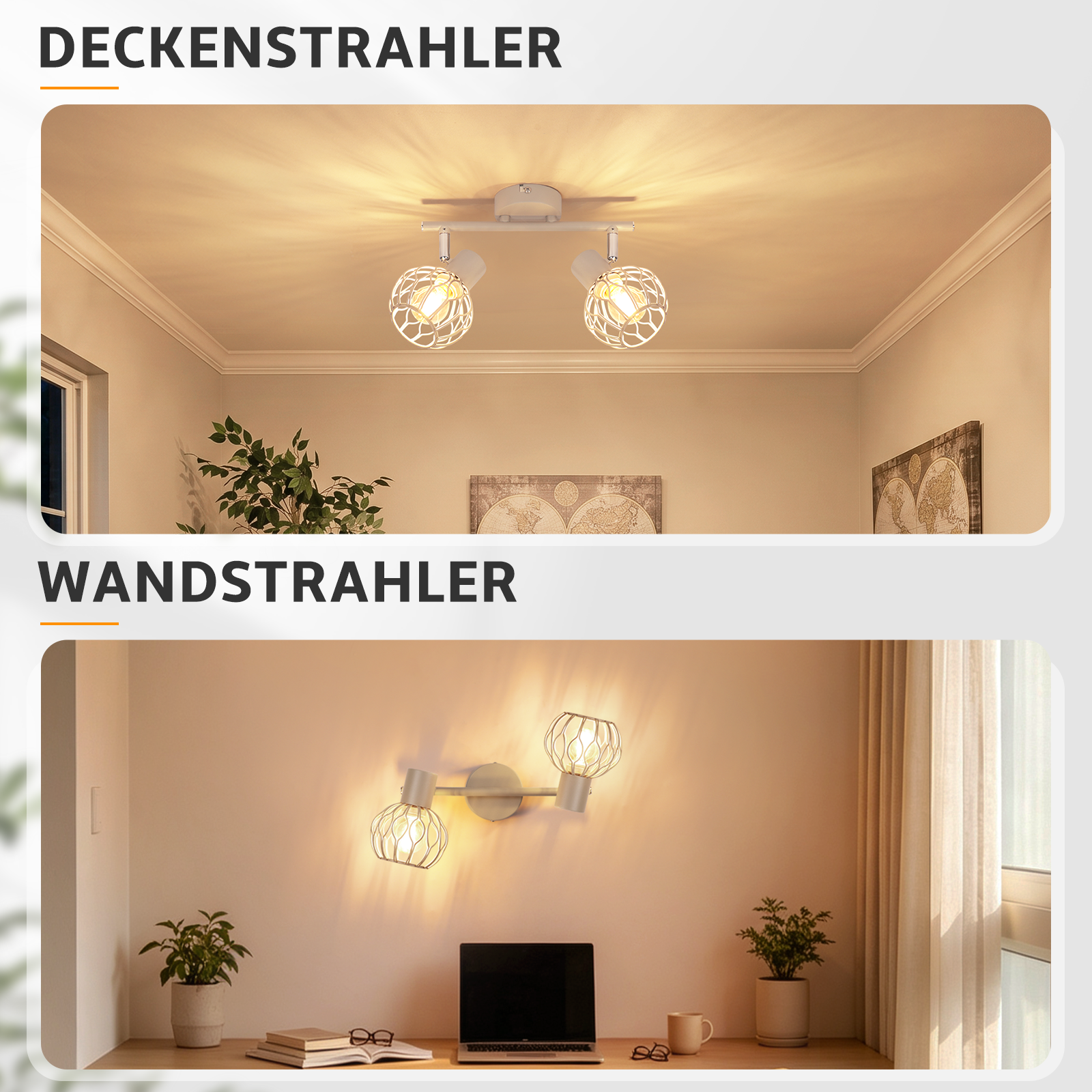 Vergleich von Decken- und Wandstrahlern mit kugelförmigen, weißen Metallschirmen in einem hellen Raum.
