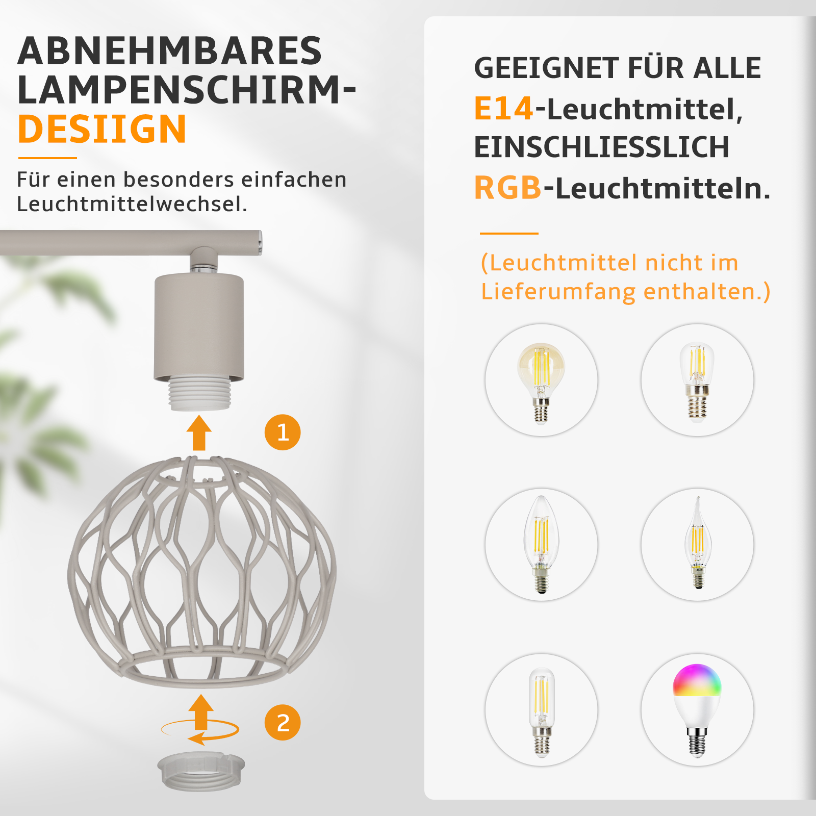 Infografik zeigt einen abnehmbaren Lampenschirm und kompatible E14-Leuchtmittel.