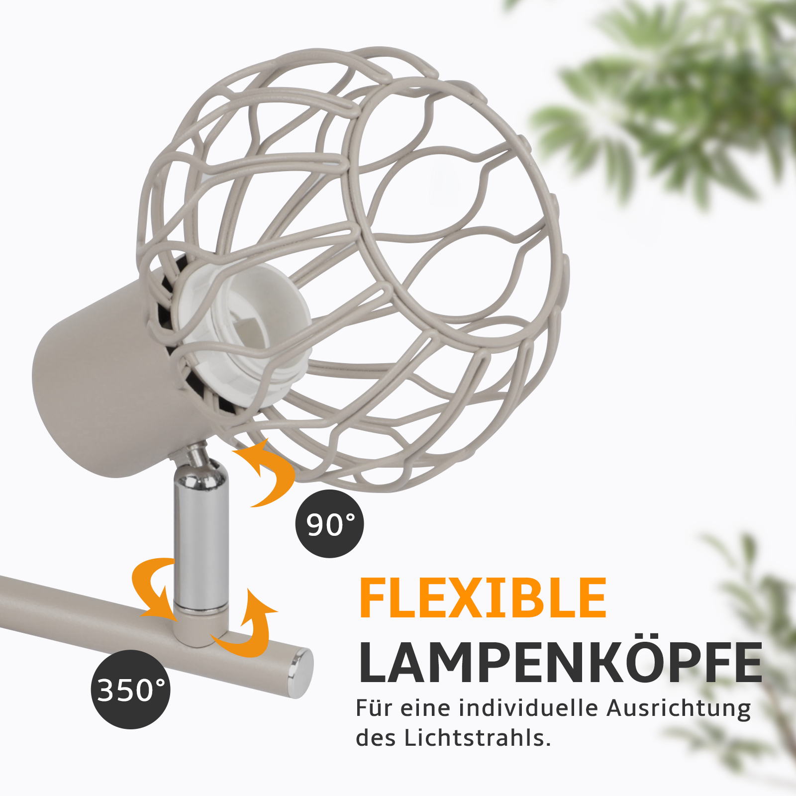 Grauer Lampenkopf mit Gitterdesign, drehbar um 350 und 90 Grad, auf weißem Hintergrund.