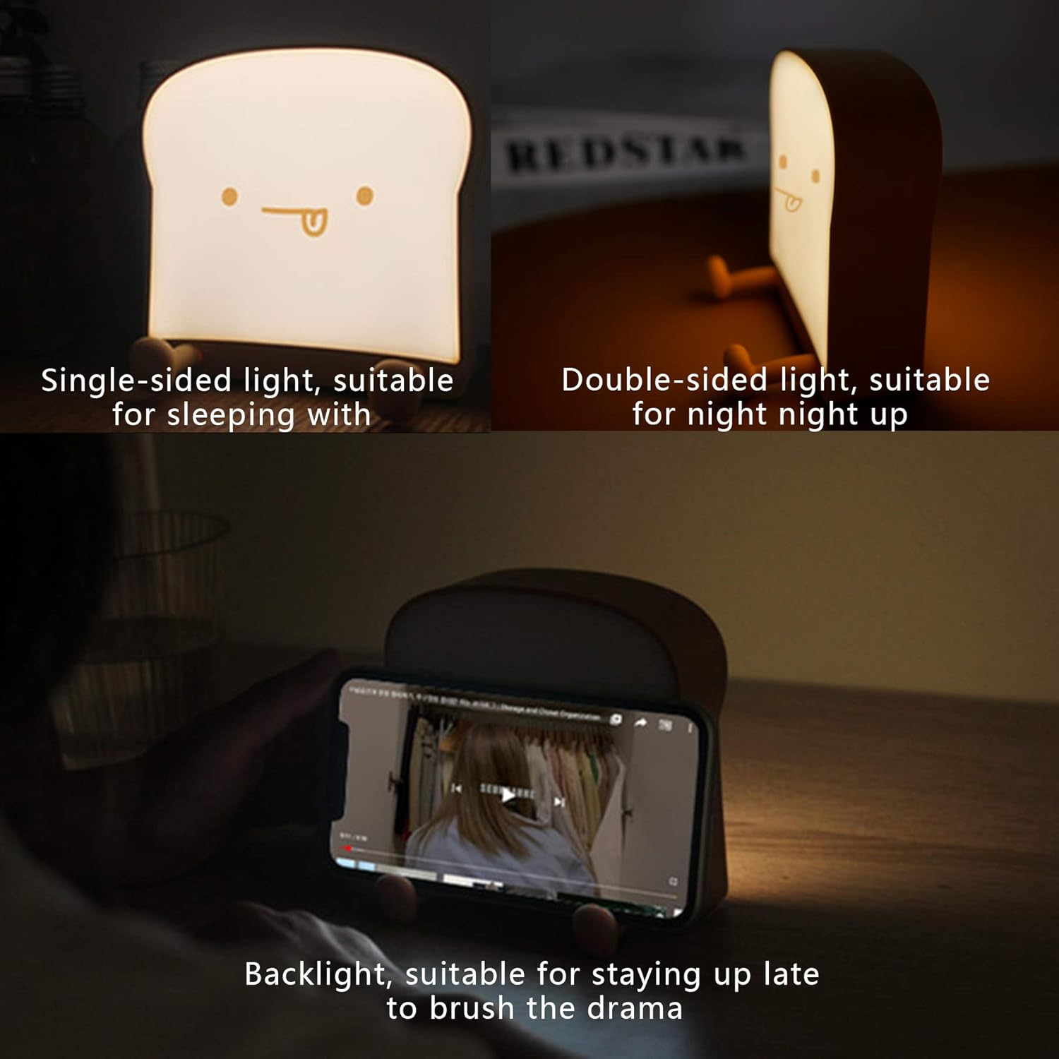 Ein süßes toastförmiges Nachtlicht als Handyhalterung in einem dunklen Raum.