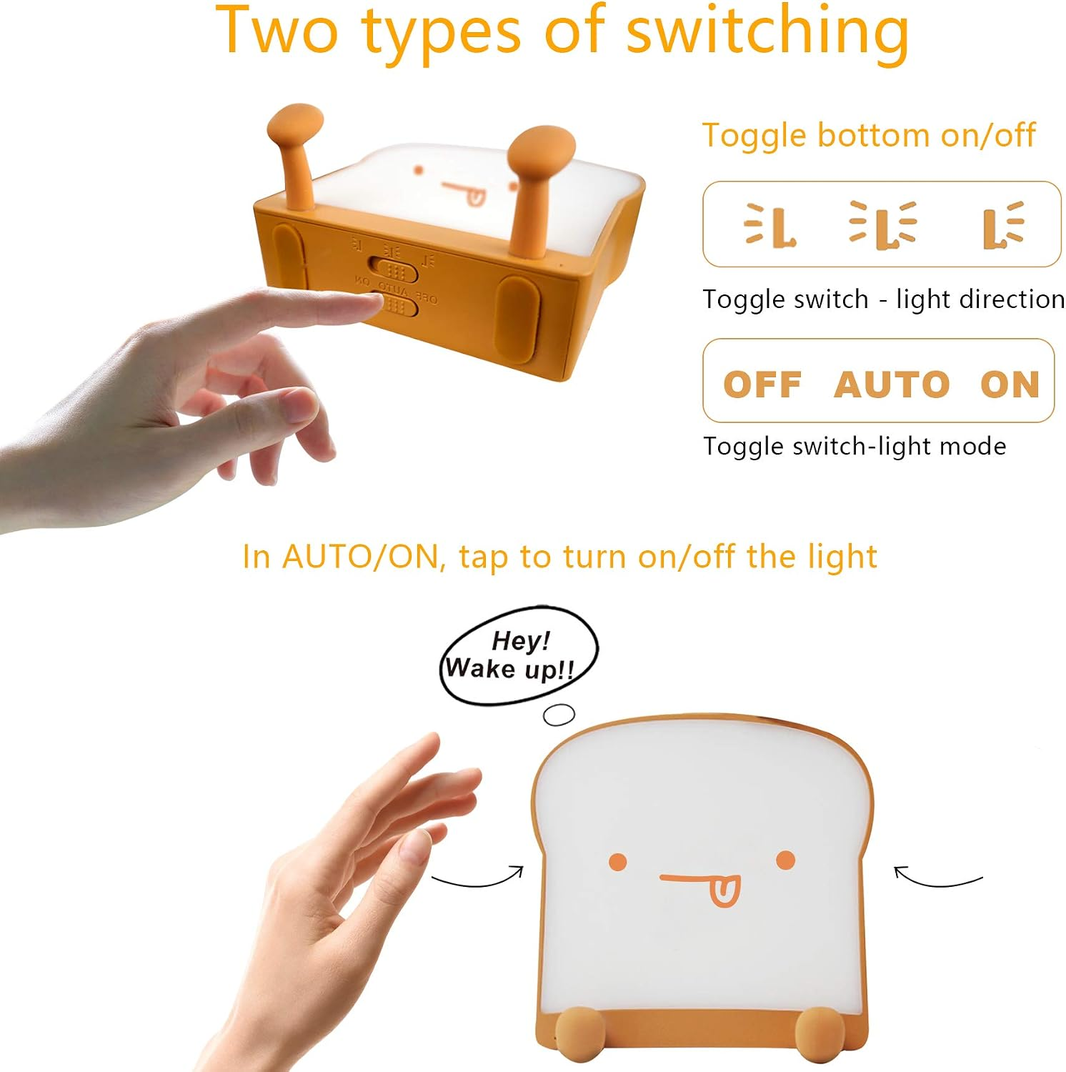 Anleitung zur Bedienung einer toastförmigen Nachttischlampe mit Schaltern.