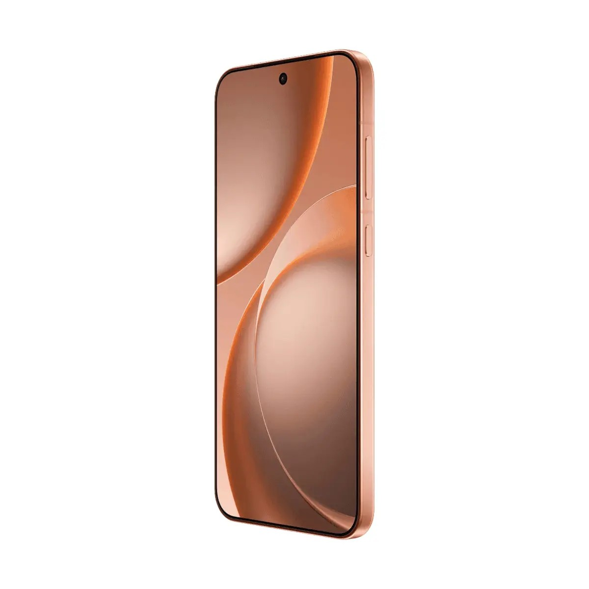 Uno smartphone in oro rosa in posizione verticale con uno sfondo astratto e curvo sullo schermo.