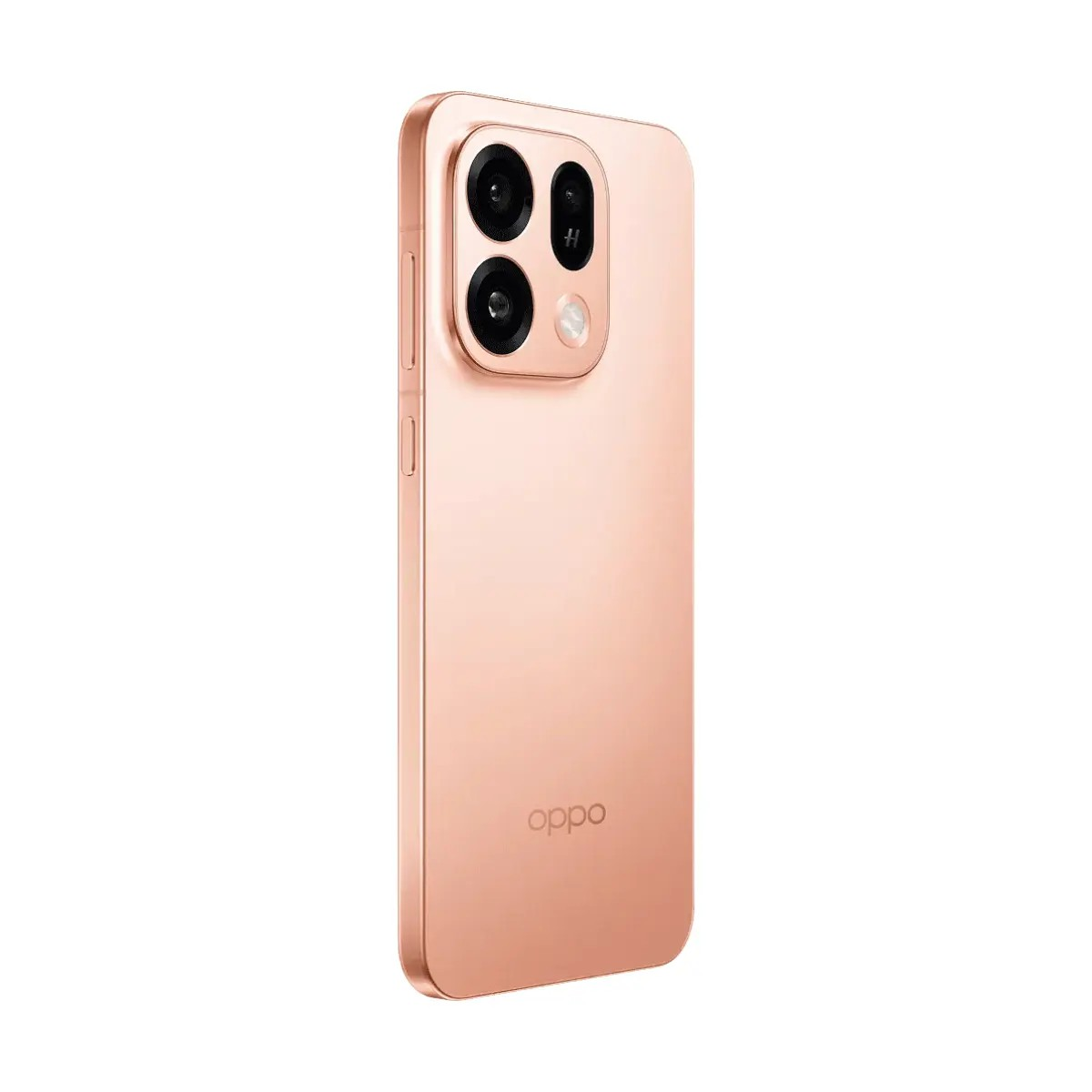 Vista posteriore di uno smartphone Oppo color oro rosa con un modulo fotocamera rettangolare e tre obiettivi su sfondo bianco.